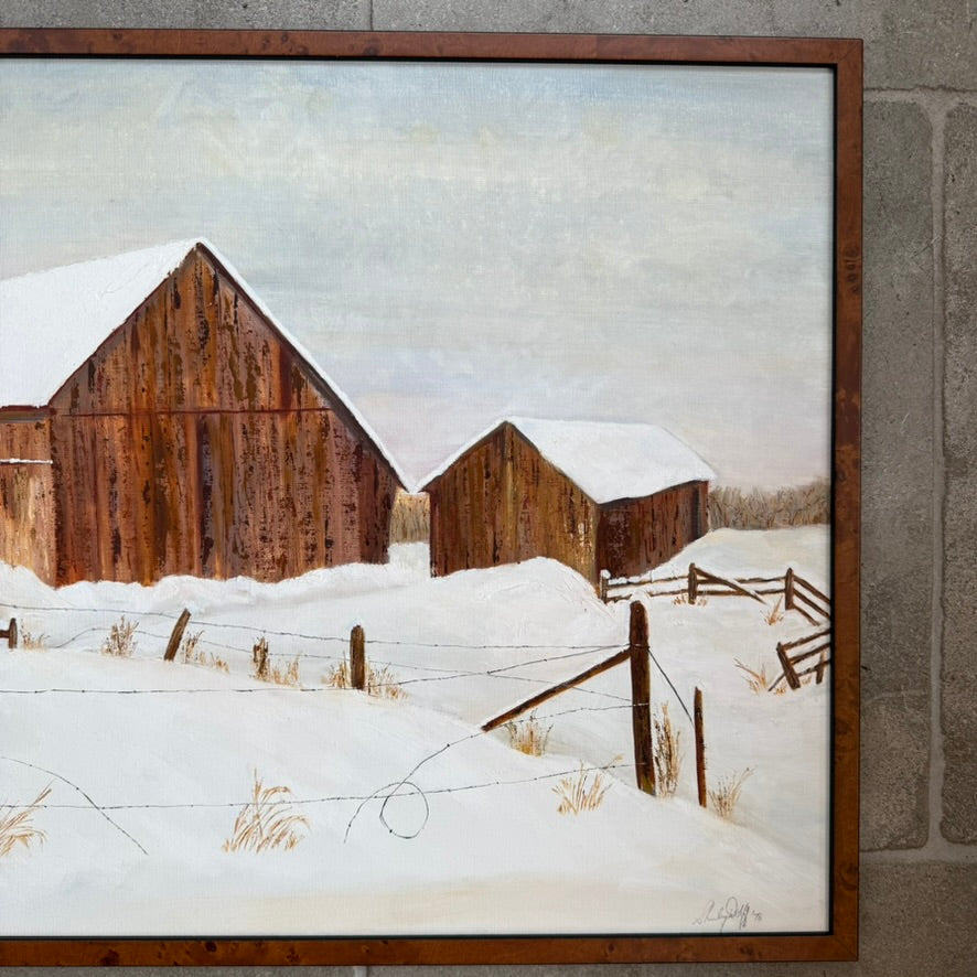 Vintage Winter Barn Landscape Oil Painting