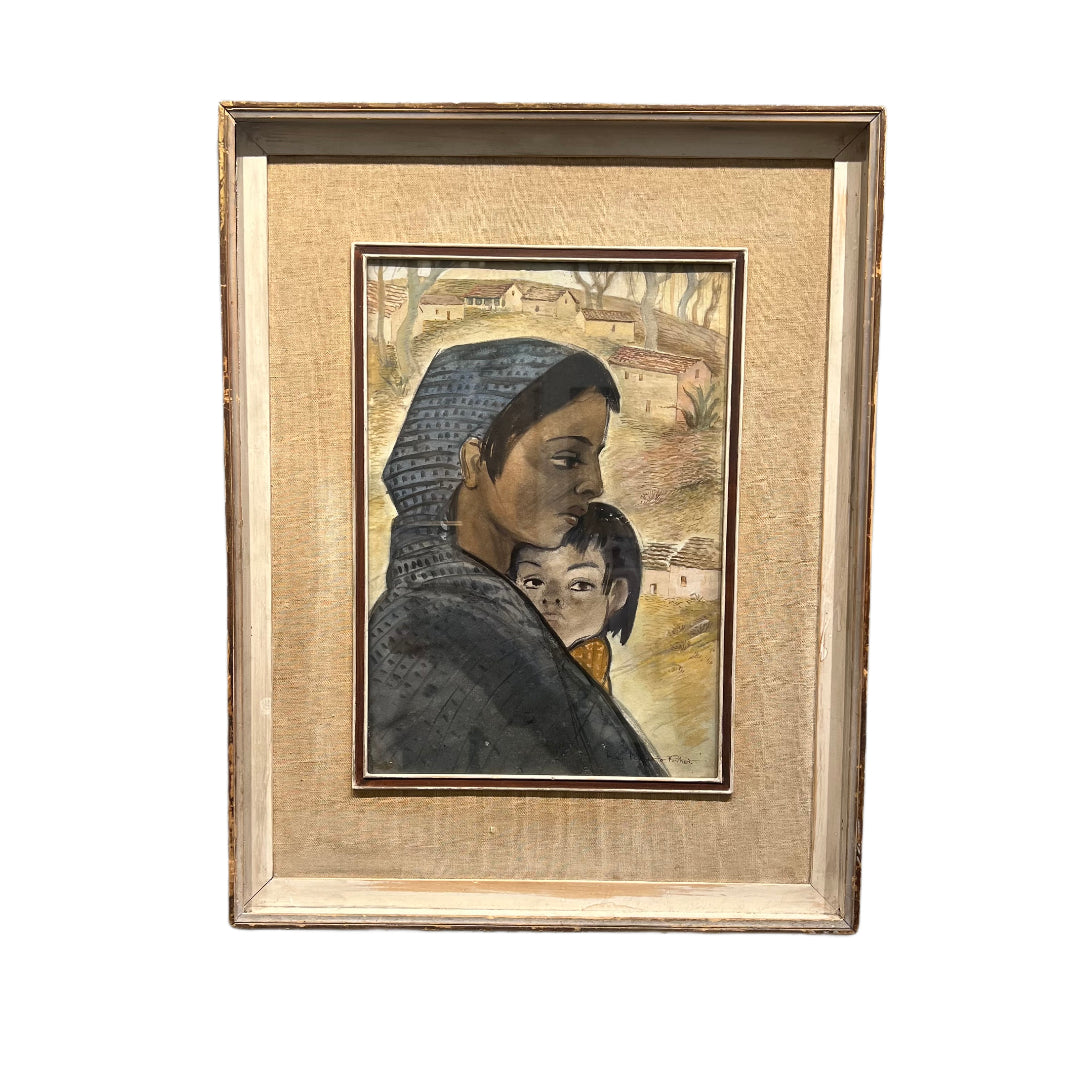 1950's MOTHER AND CHILD WATERCOLOR