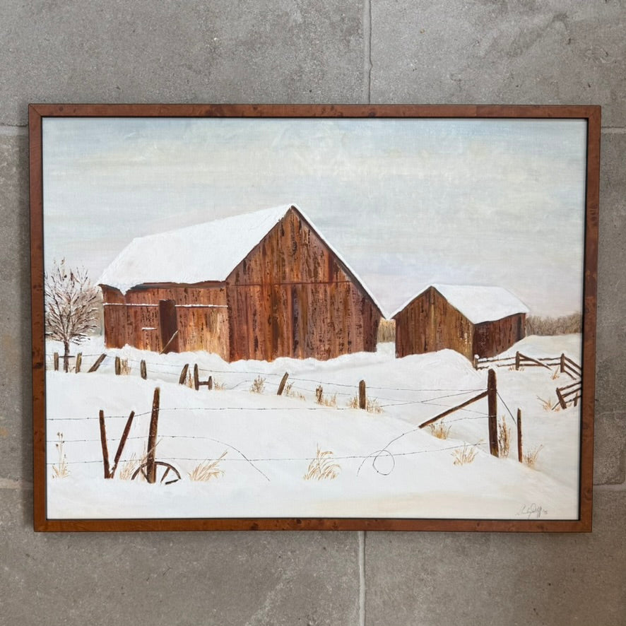 Vintage Winter Barn Landscape Oil Painting