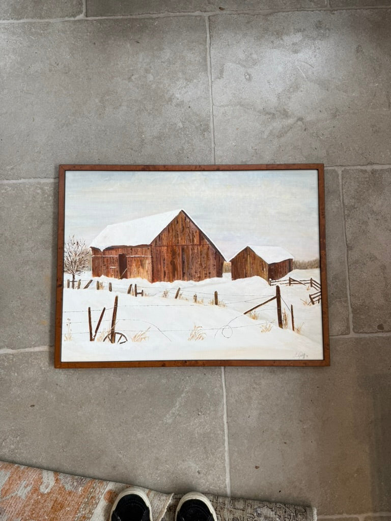 Vintage Winter Barn Landscape Oil Painting