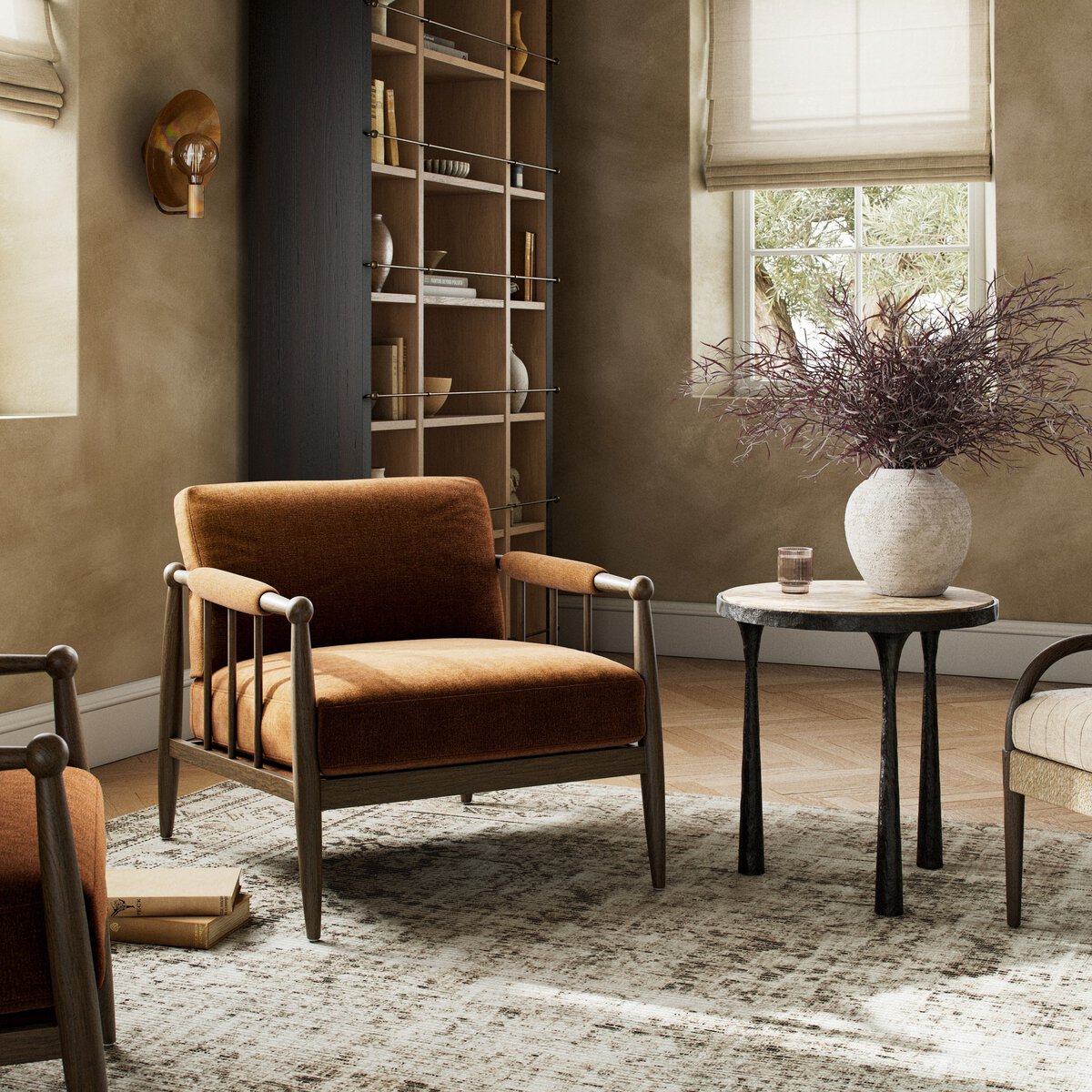 Velvet-Chenille Wood Arm Chair