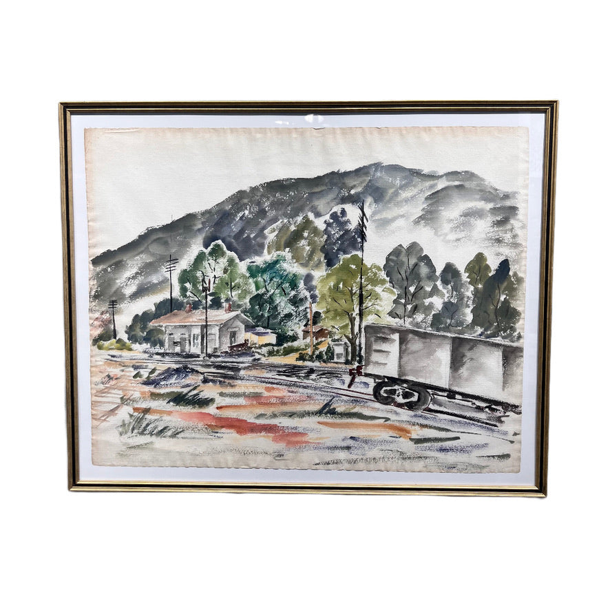 1940'S VINTAGE CALIFORNIA WATERCOLOR OF TRAIN