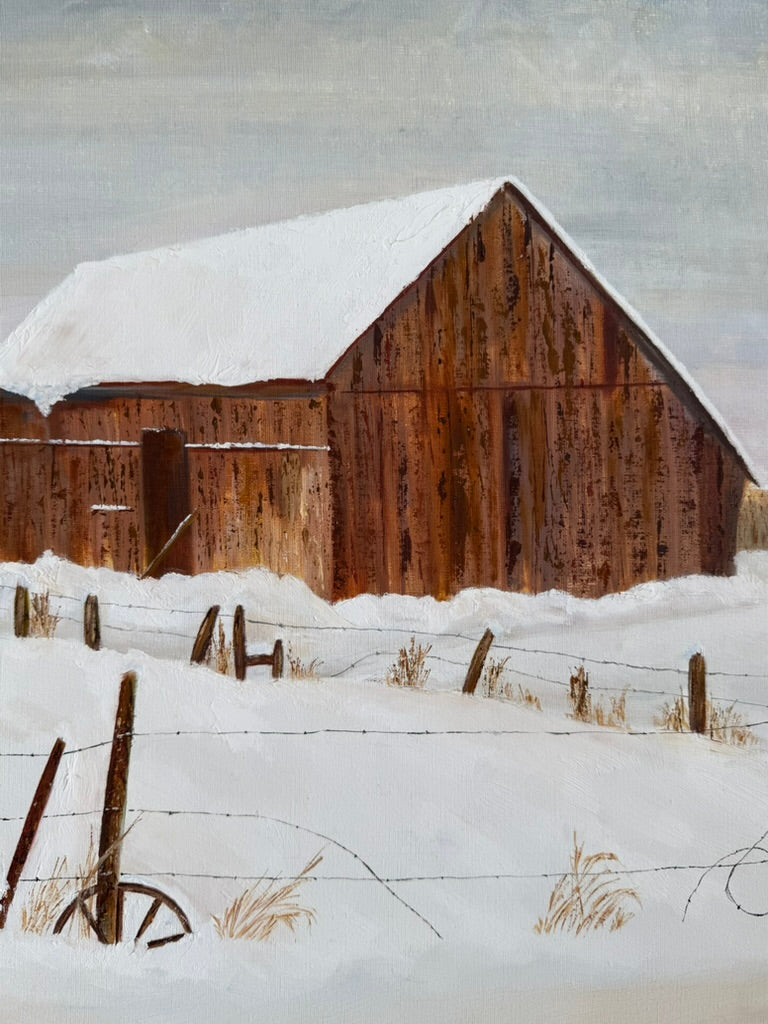 Vintage Winter Barn Landscape Oil Painting