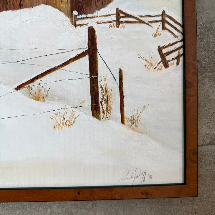 Vintage Winter Barn Landscape Oil Painting