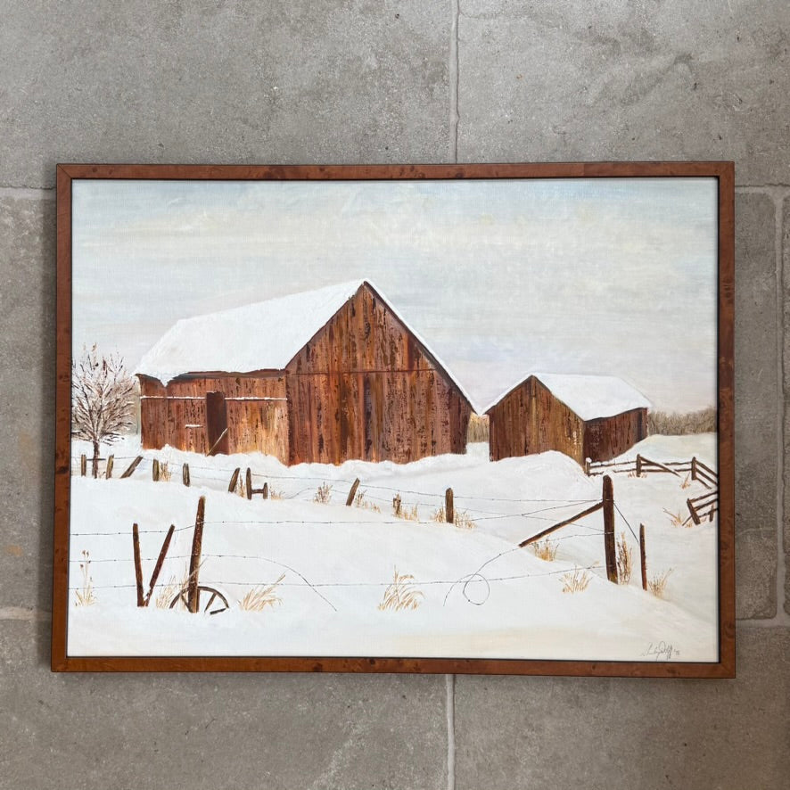 Vintage Winter Barn Landscape Oil Painting