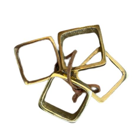 Set of 4 Brass Finish Square Napkin Ring with Leather Tie