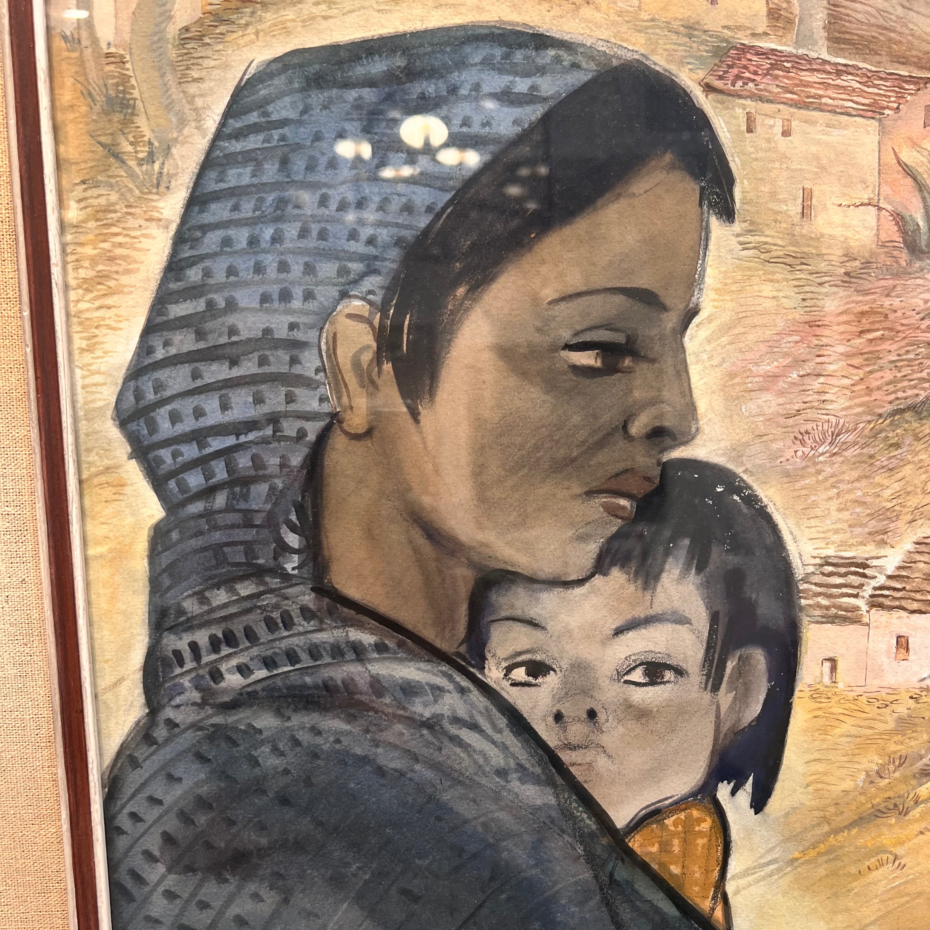 1950's MOTHER AND CHILD WATERCOLOR