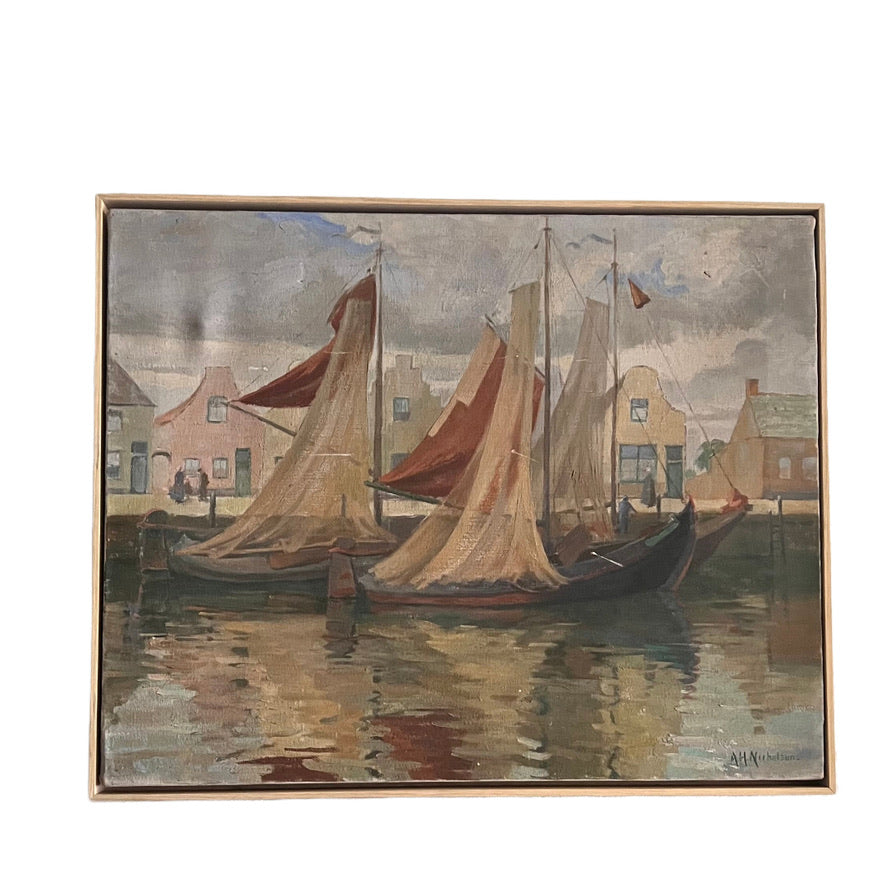 ANTIQUE DUTCH SAIL BOAT OIL PAINTING