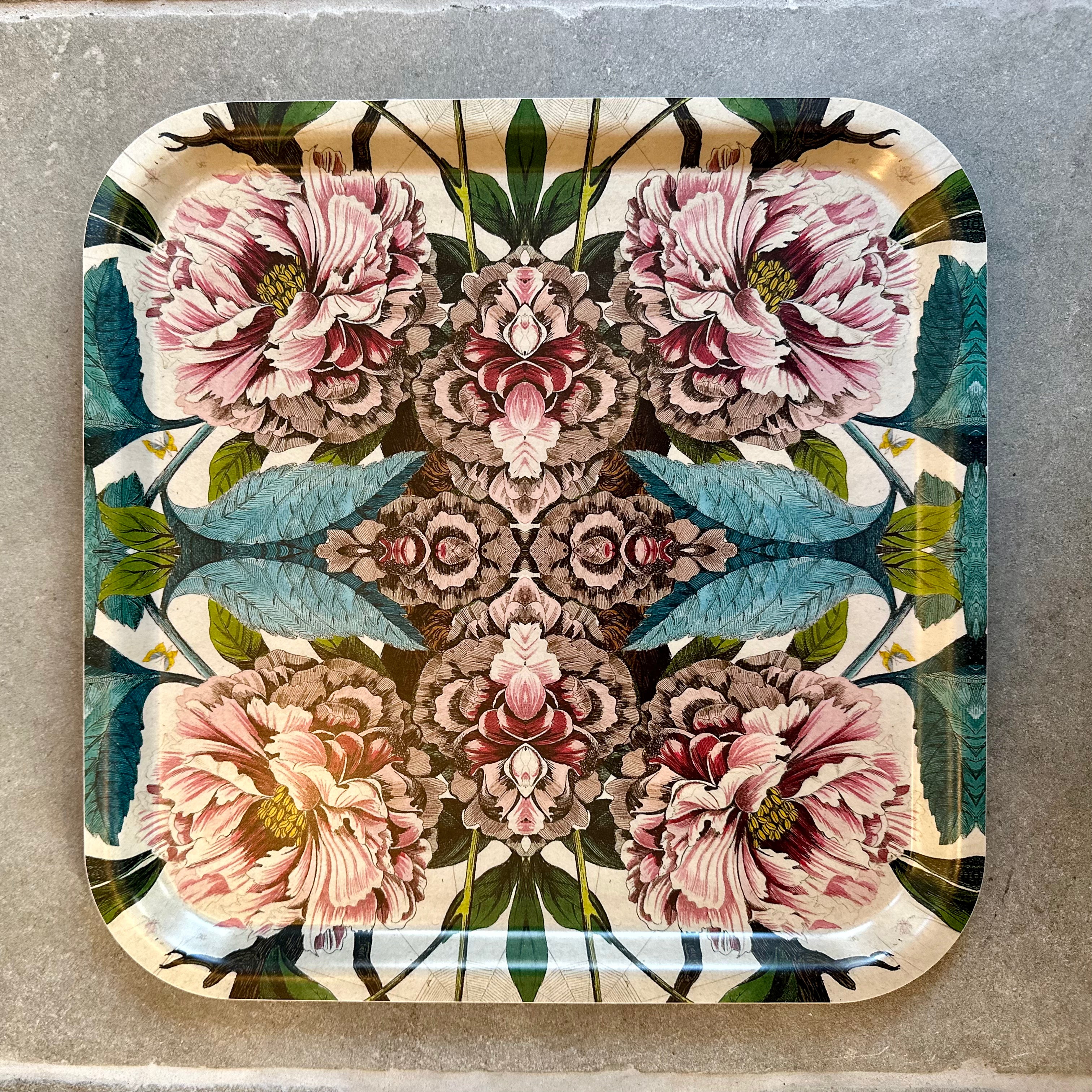 Decorative Peonies Square Birch Wood Tray