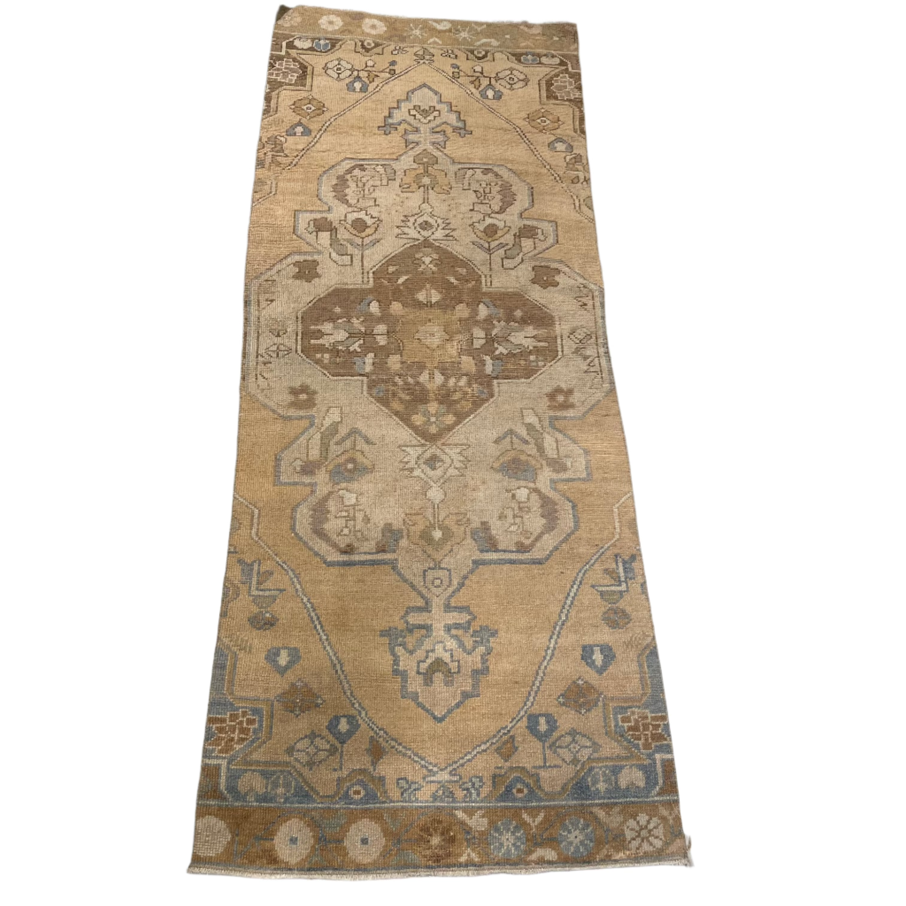 Vintage Multi Beige, Blue and Brown Turkish Oushak Runner