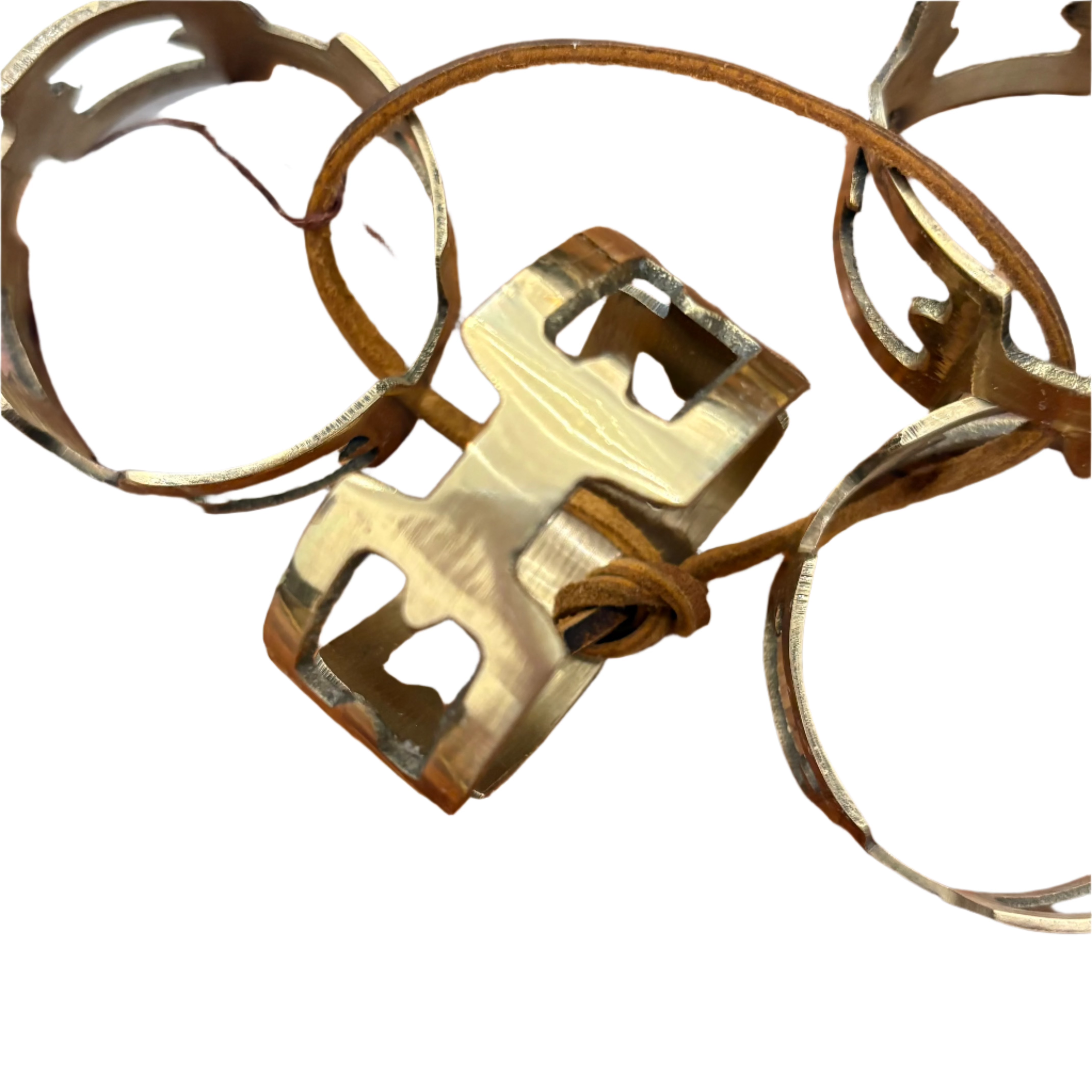 Set of 4 Brass Chain Shape Napkin Rings with Leather Tie