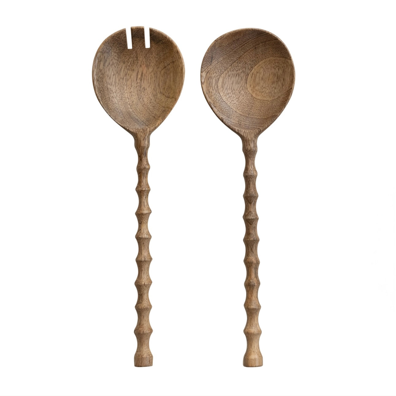Mango Wood Salad Servers with Carved Handles, Natural