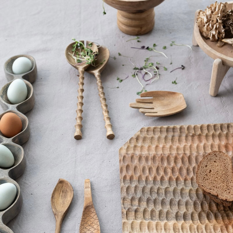 Mango Wood Salad Servers with Carved Handles, Natural