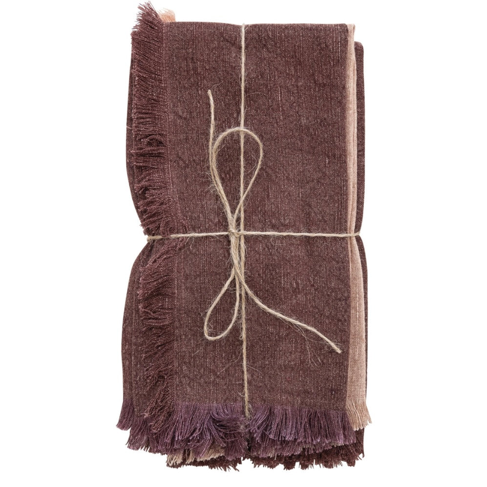 Stonewashed Linen Napkins w/ Fringe, Putty & Aubergine Color, Set of 4