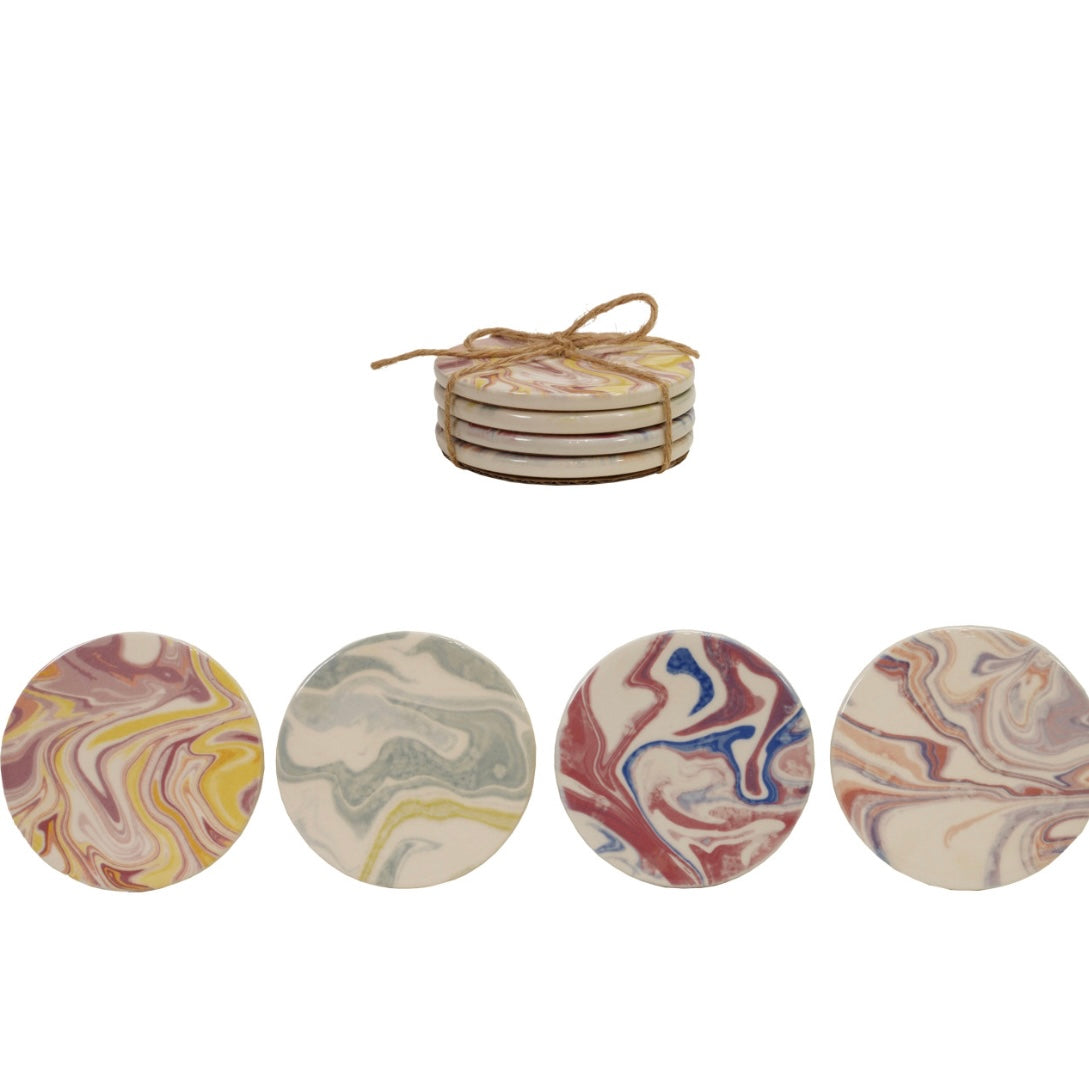 Stoneware Printed Coasters, Set of 4 Tied with Jute