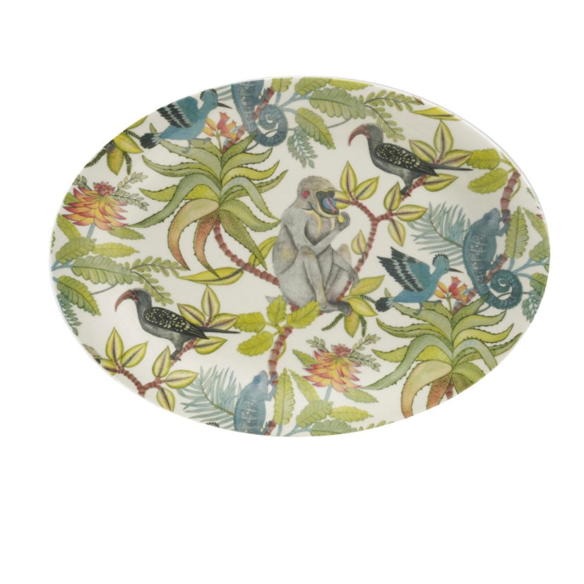 Oval Printed Stoneware Platter w/ Rainforest Botanicals