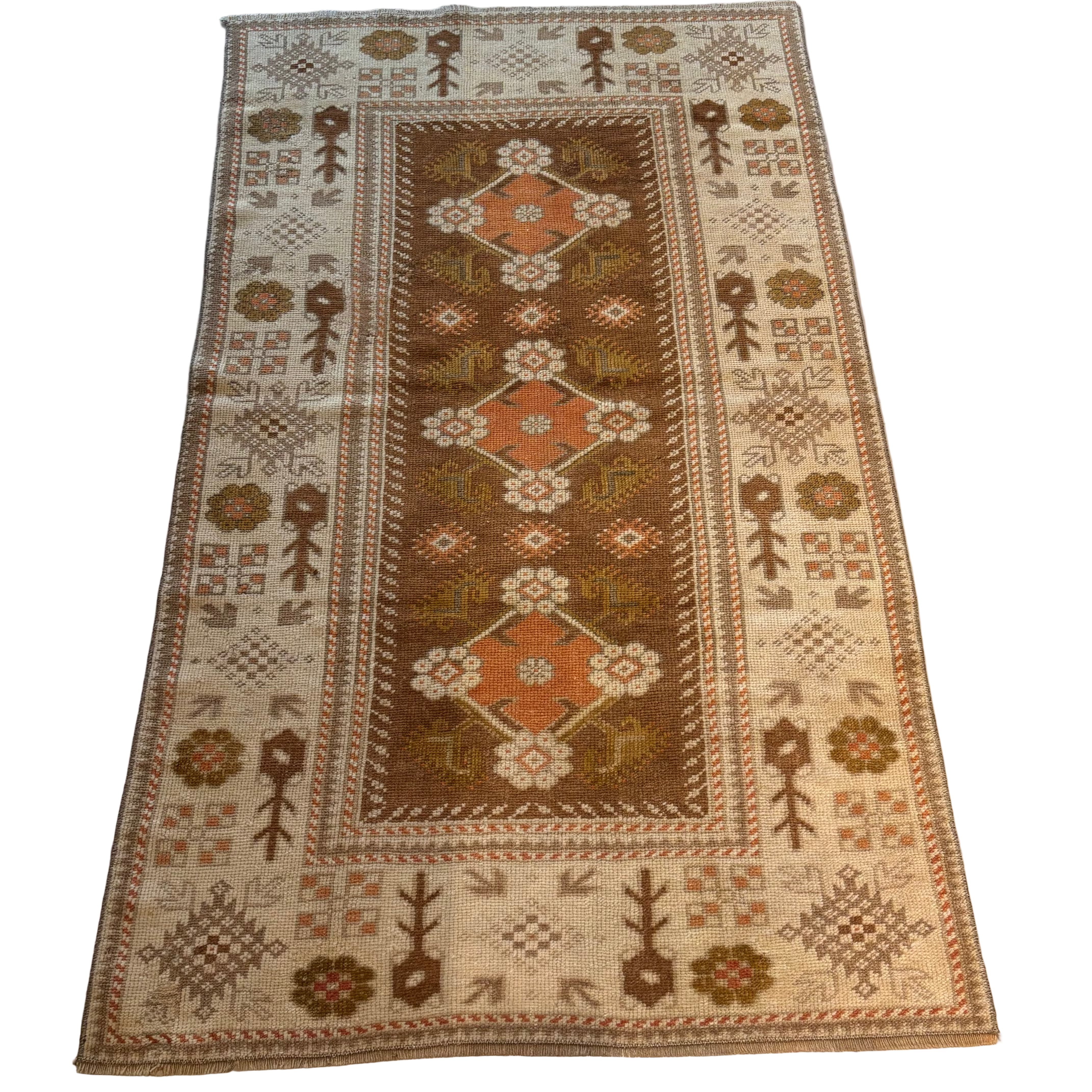 Vintage Cream / Brown / Orange Oushak Rug