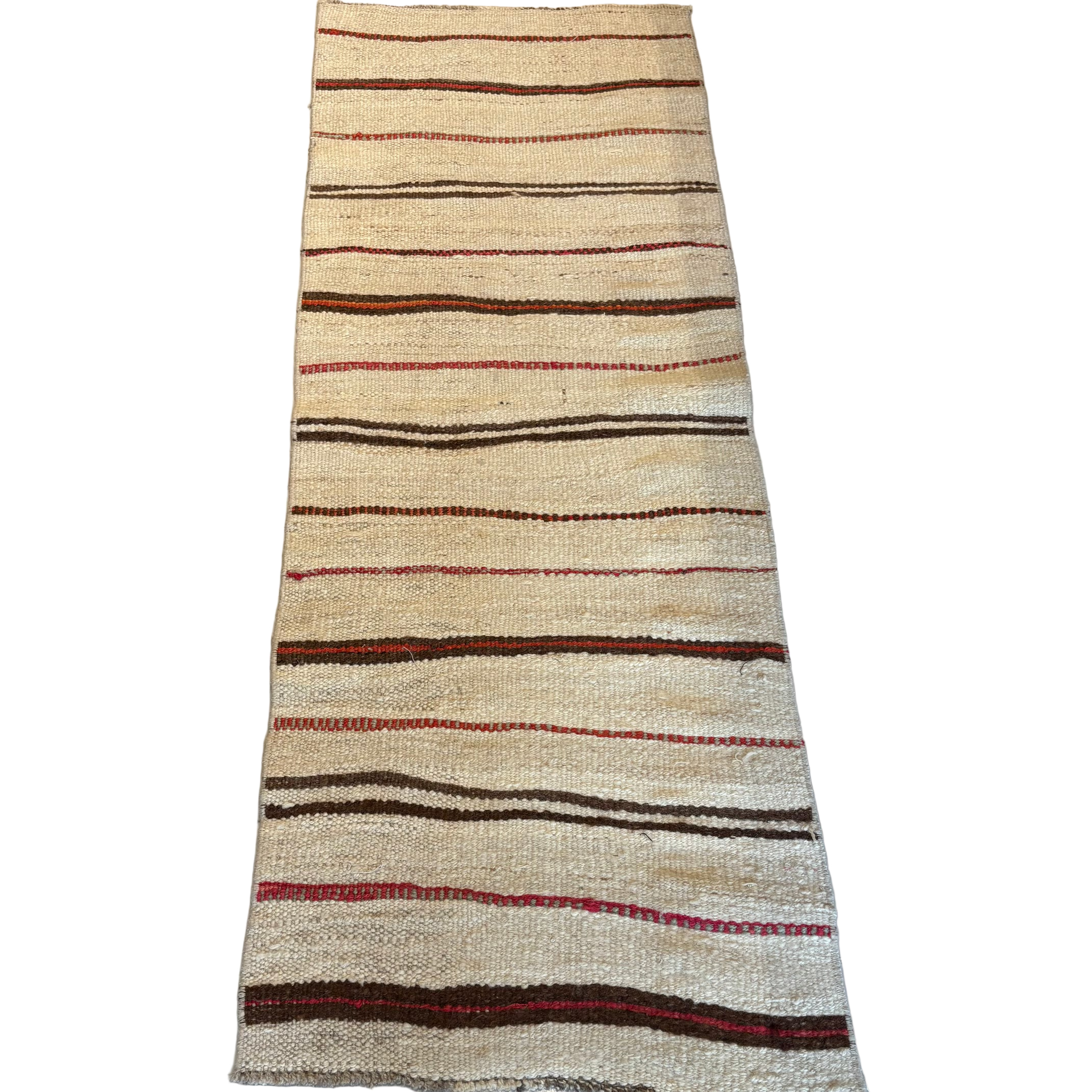 Vintage Hemp Beige Runner With Red and Brown Stripes