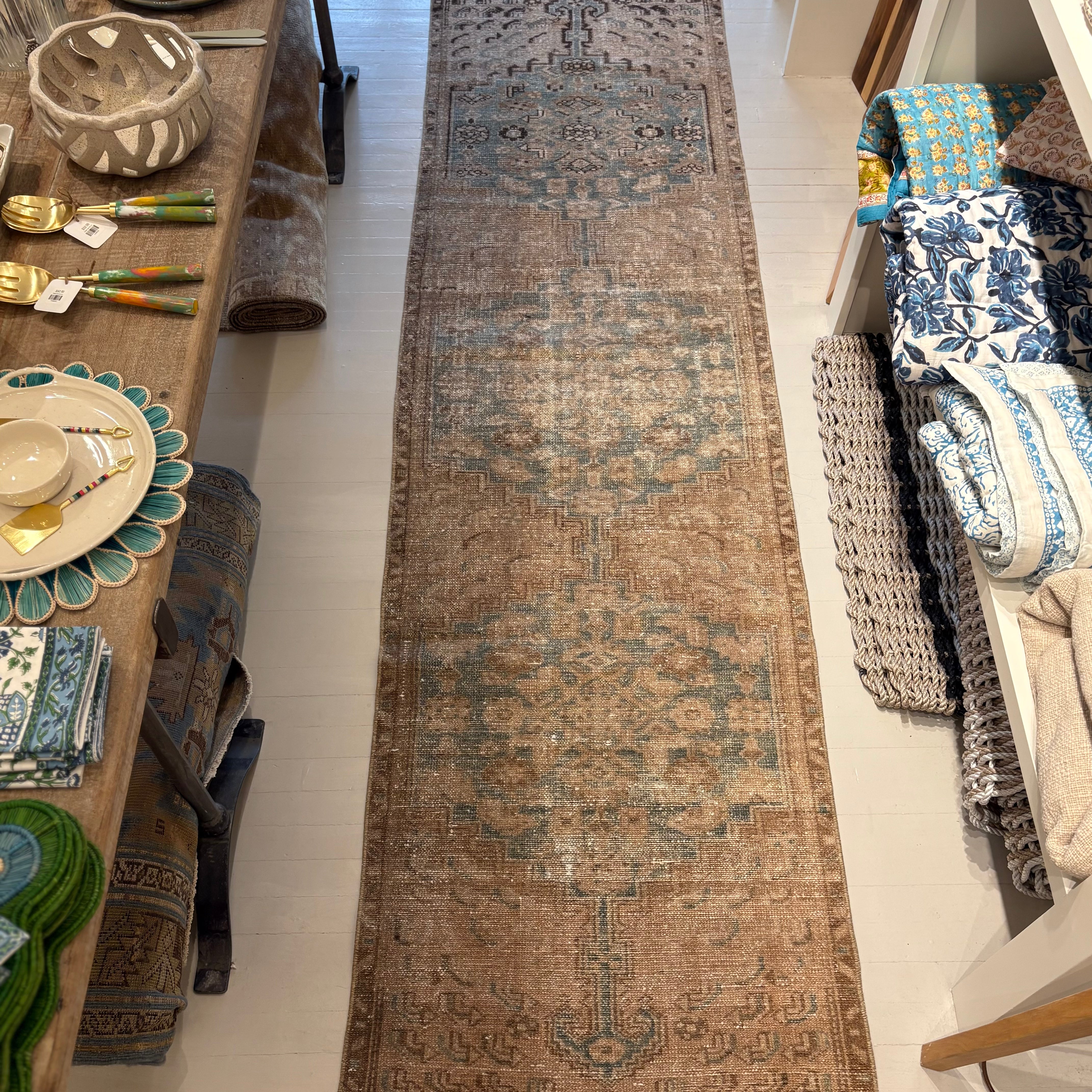 Vintage Brown / Blue / Beige Oushak Runner