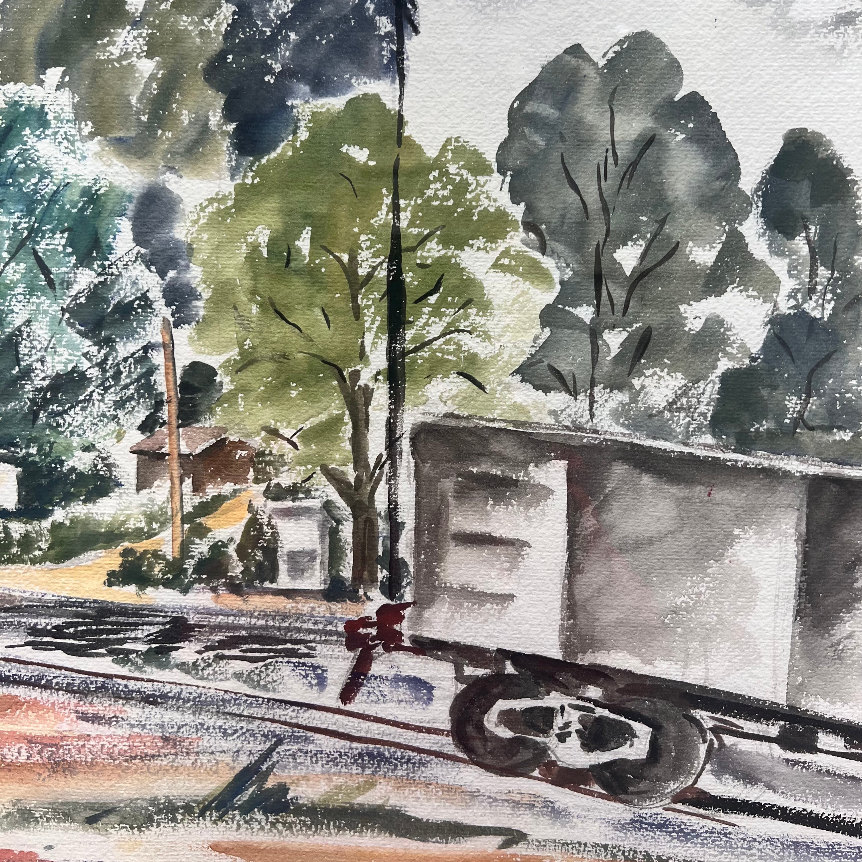 1940'S VINTAGE CALIFORNIA WATERCOLOR OF TRAIN