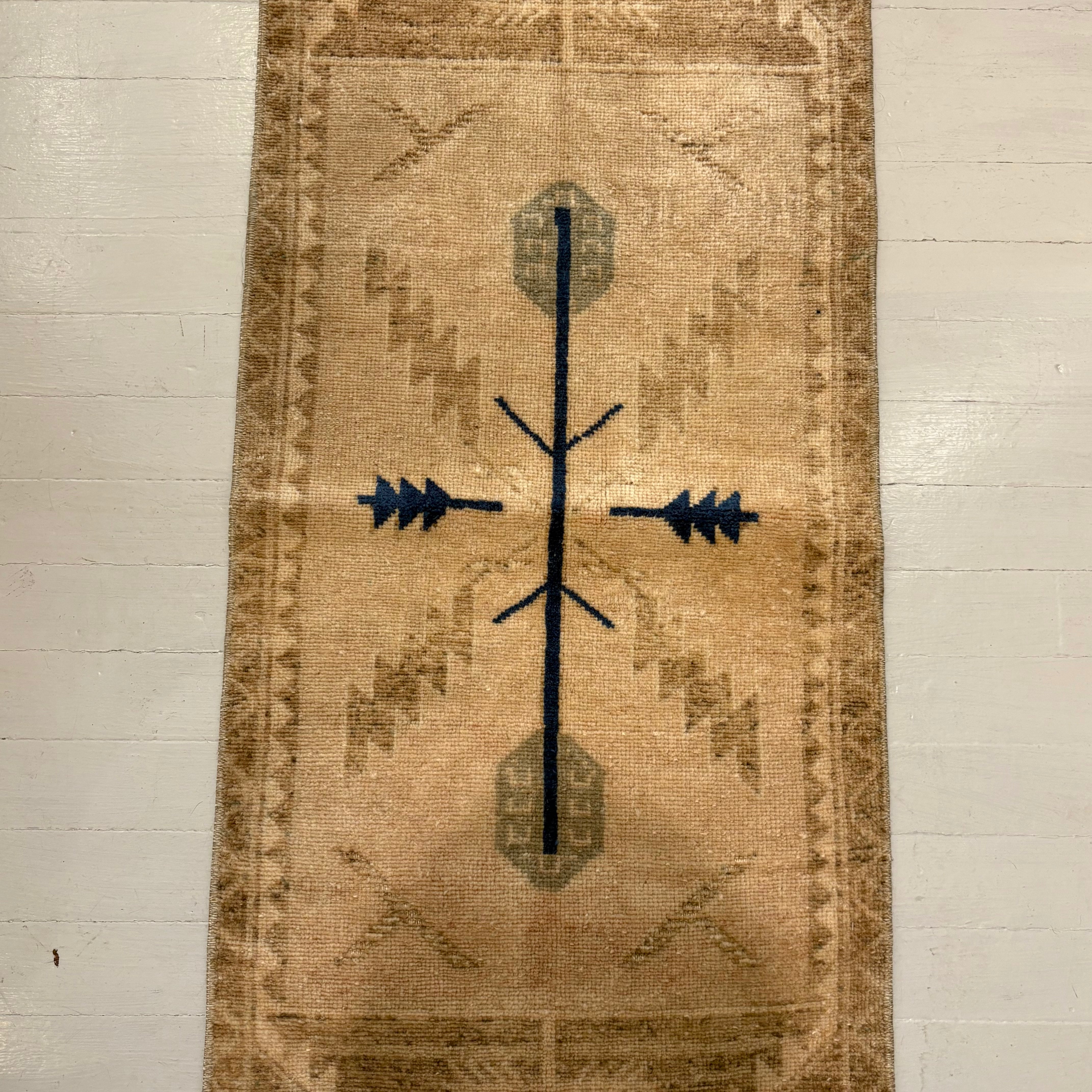 Vintage Beige with Blue Oushak Mini Rug
