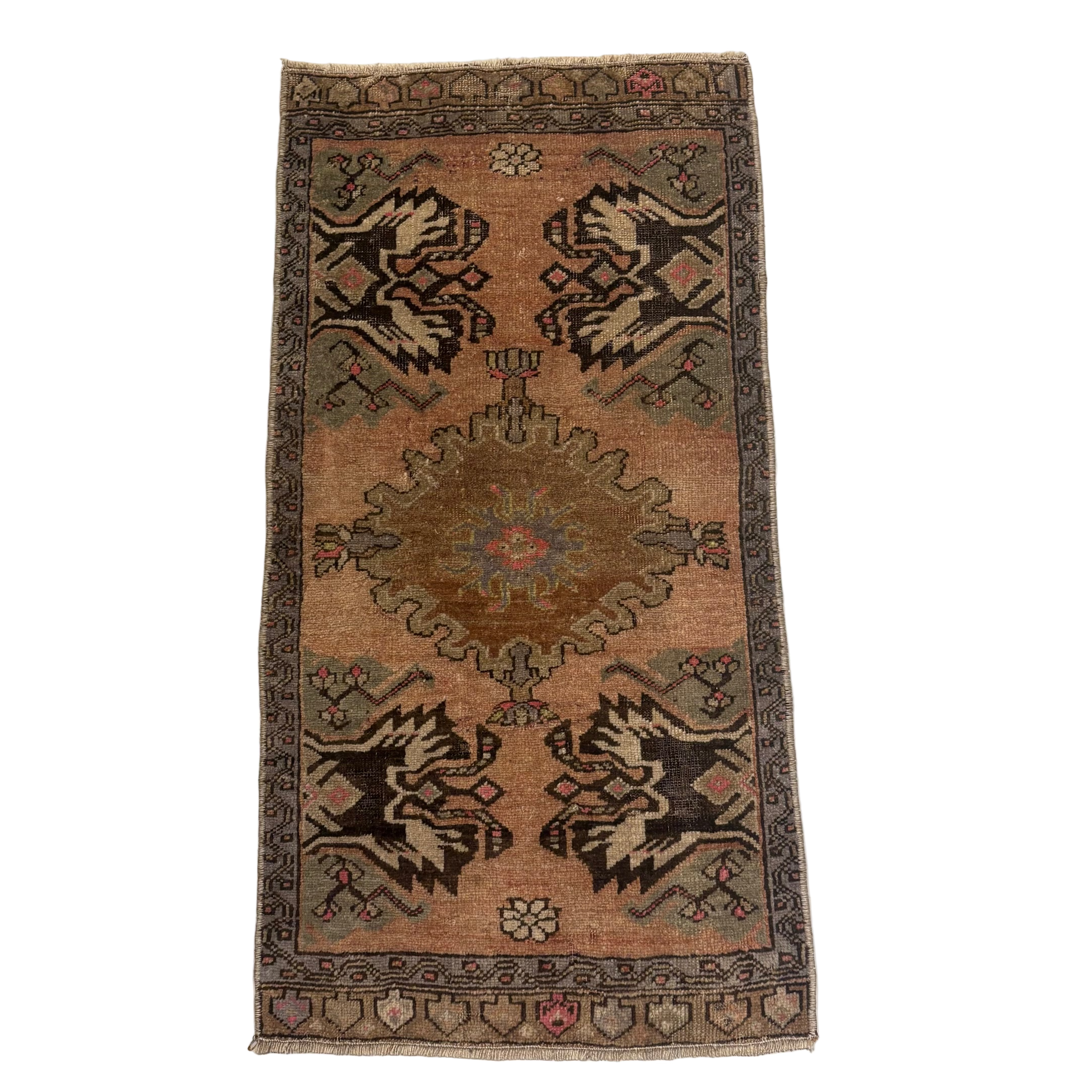 Vintage Mauve / Brown / Green Oushak Mini Rug