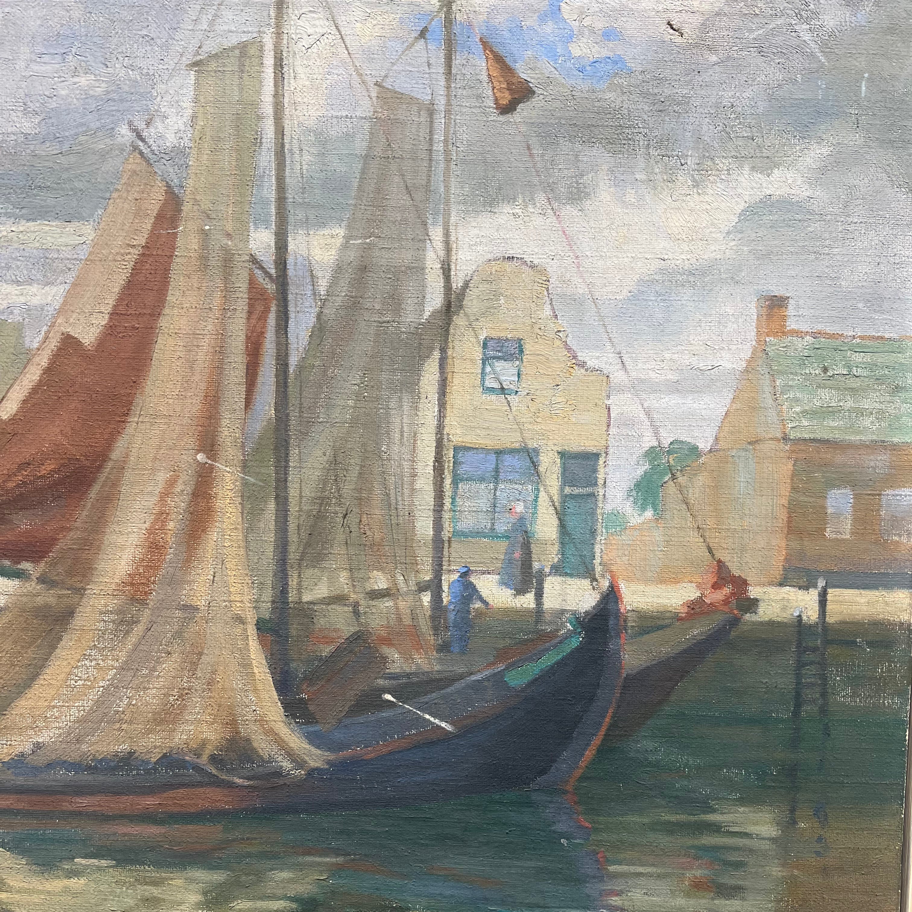 ANTIQUE DUTCH SAIL BOAT OIL PAINTING