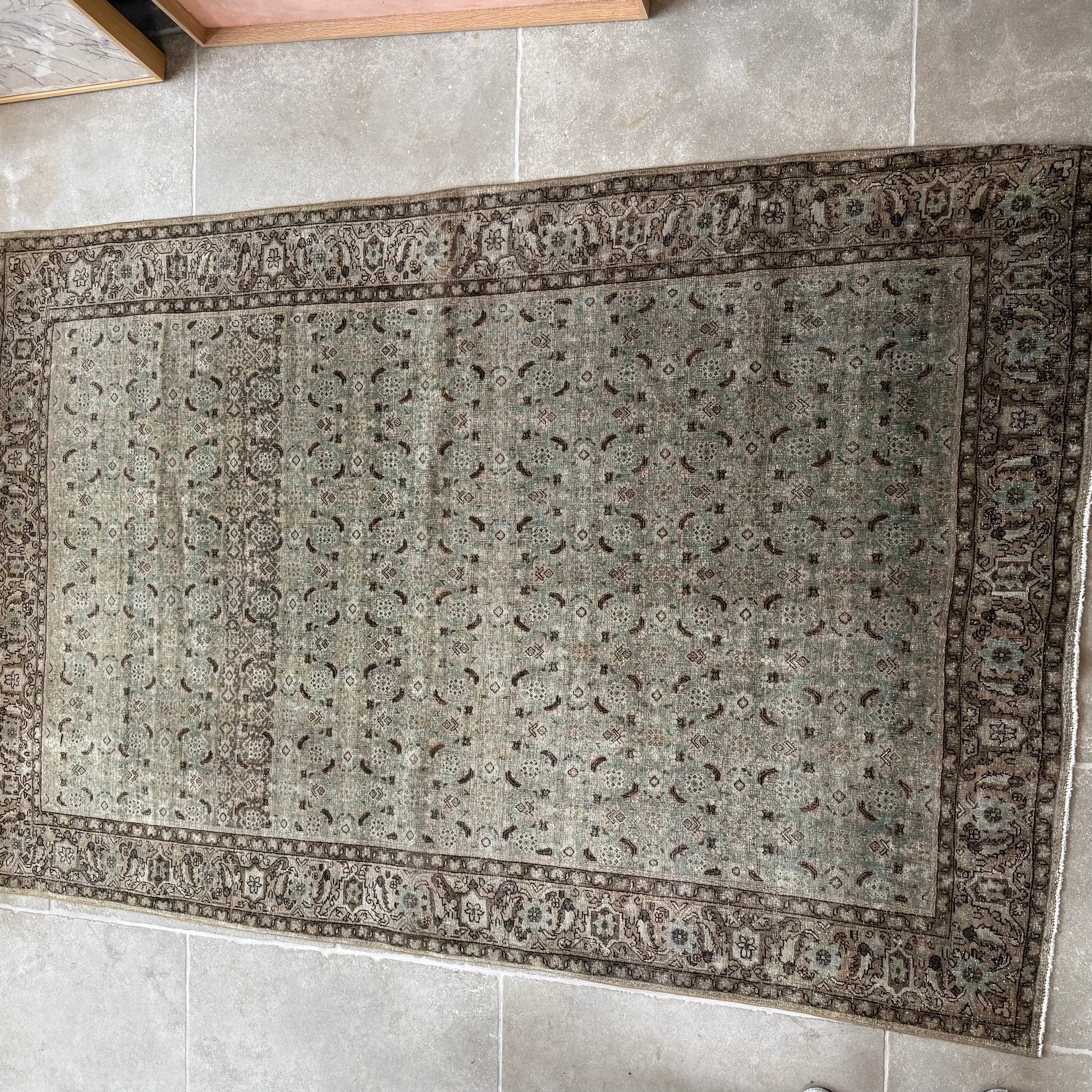 Vintage Light Brown/ Light Green / Brown Oushak Rug