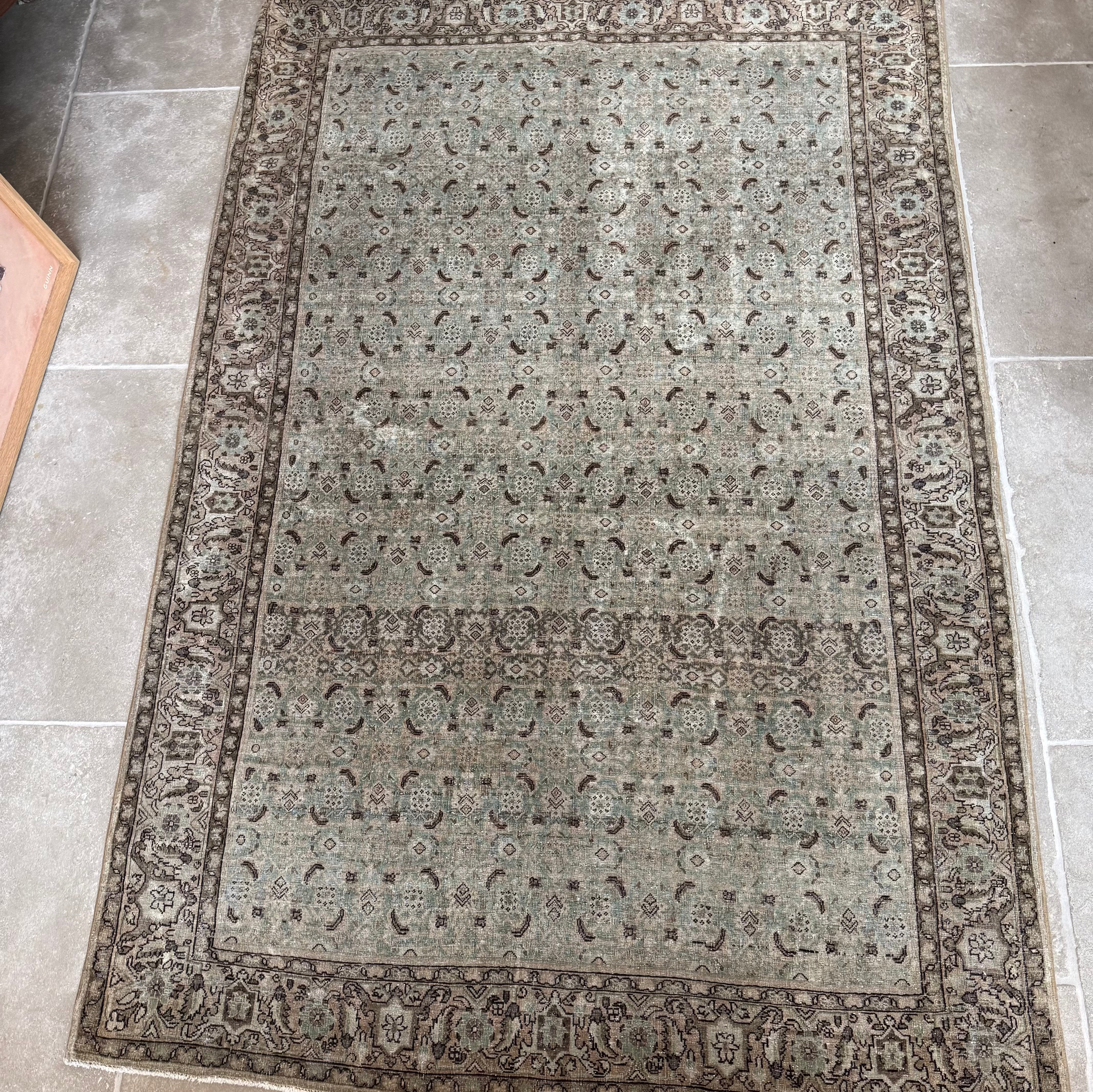 Vintage Light Brown/ Light Green / Brown Oushak Rug