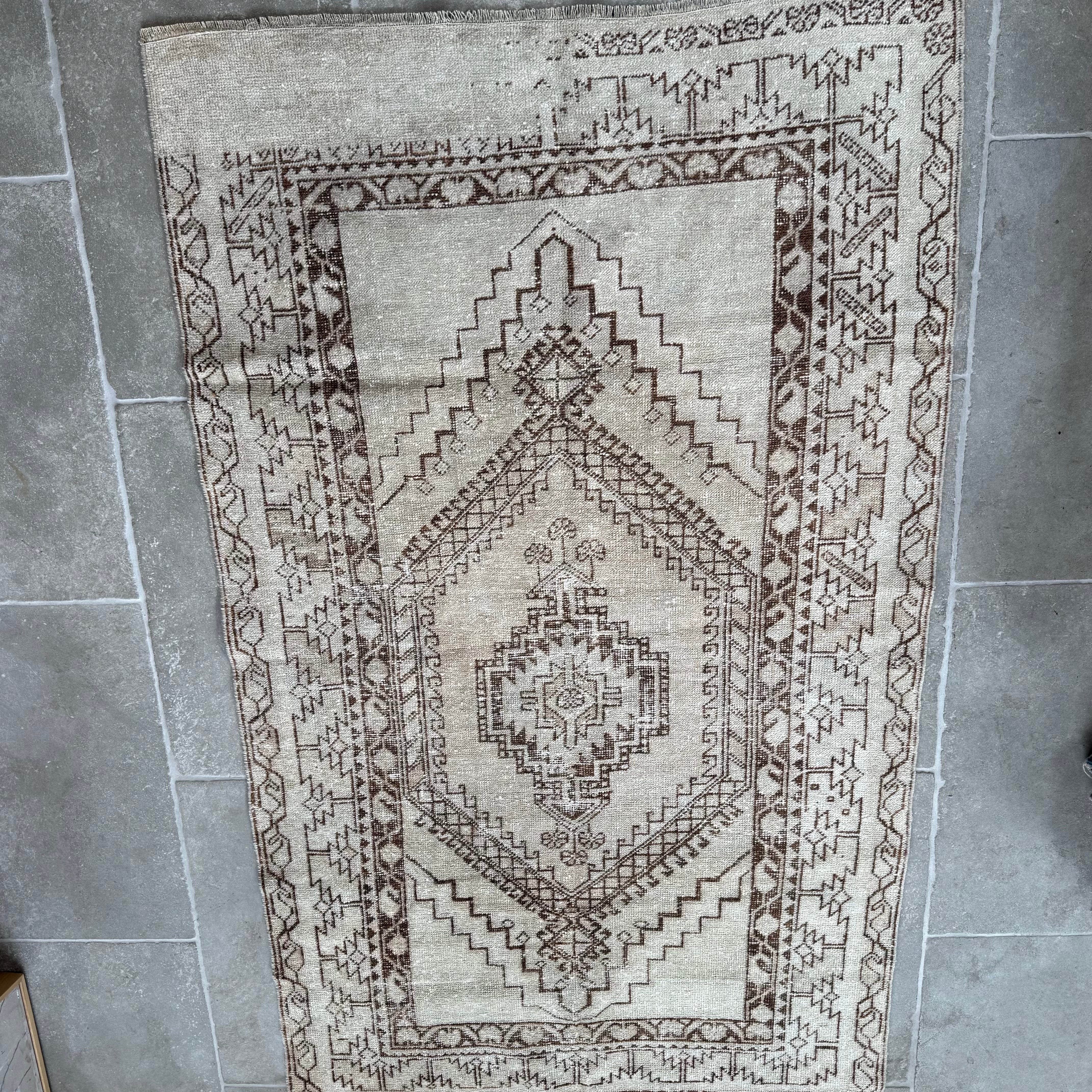 Vintage Beige and Brown Oushak Rug
