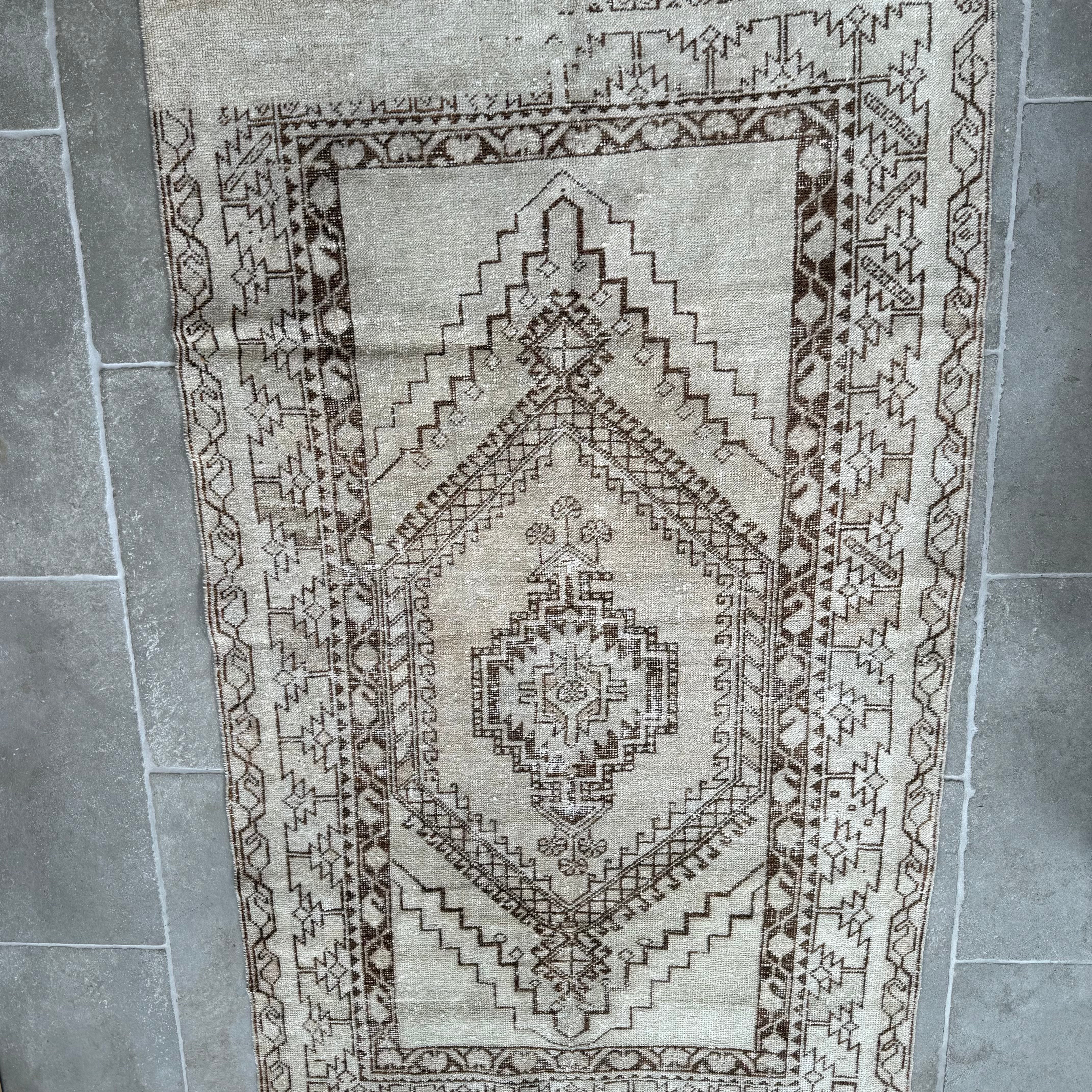 Vintage Beige and Brown Oushak Rug