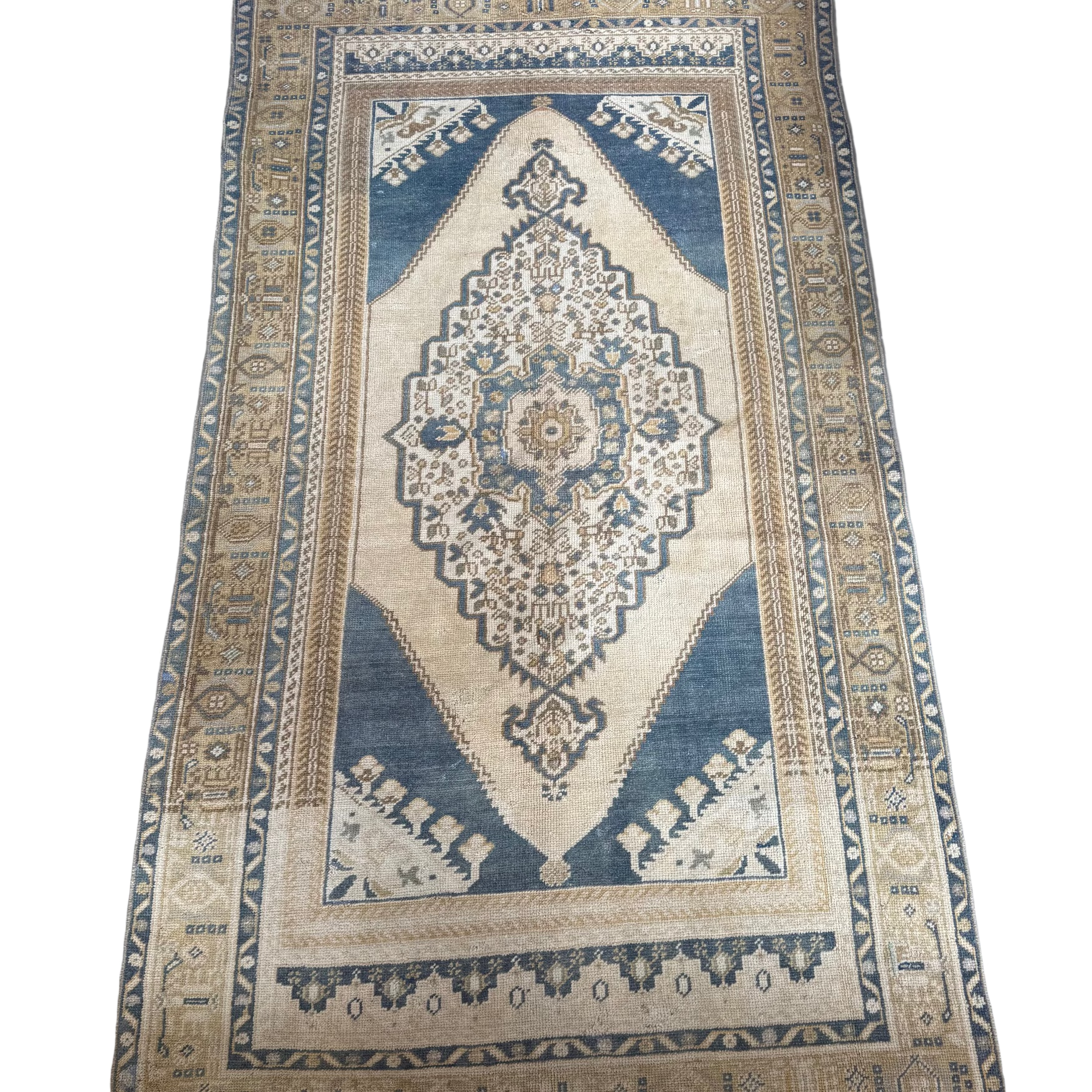 Vintage Beige and Blue Oushak Rug