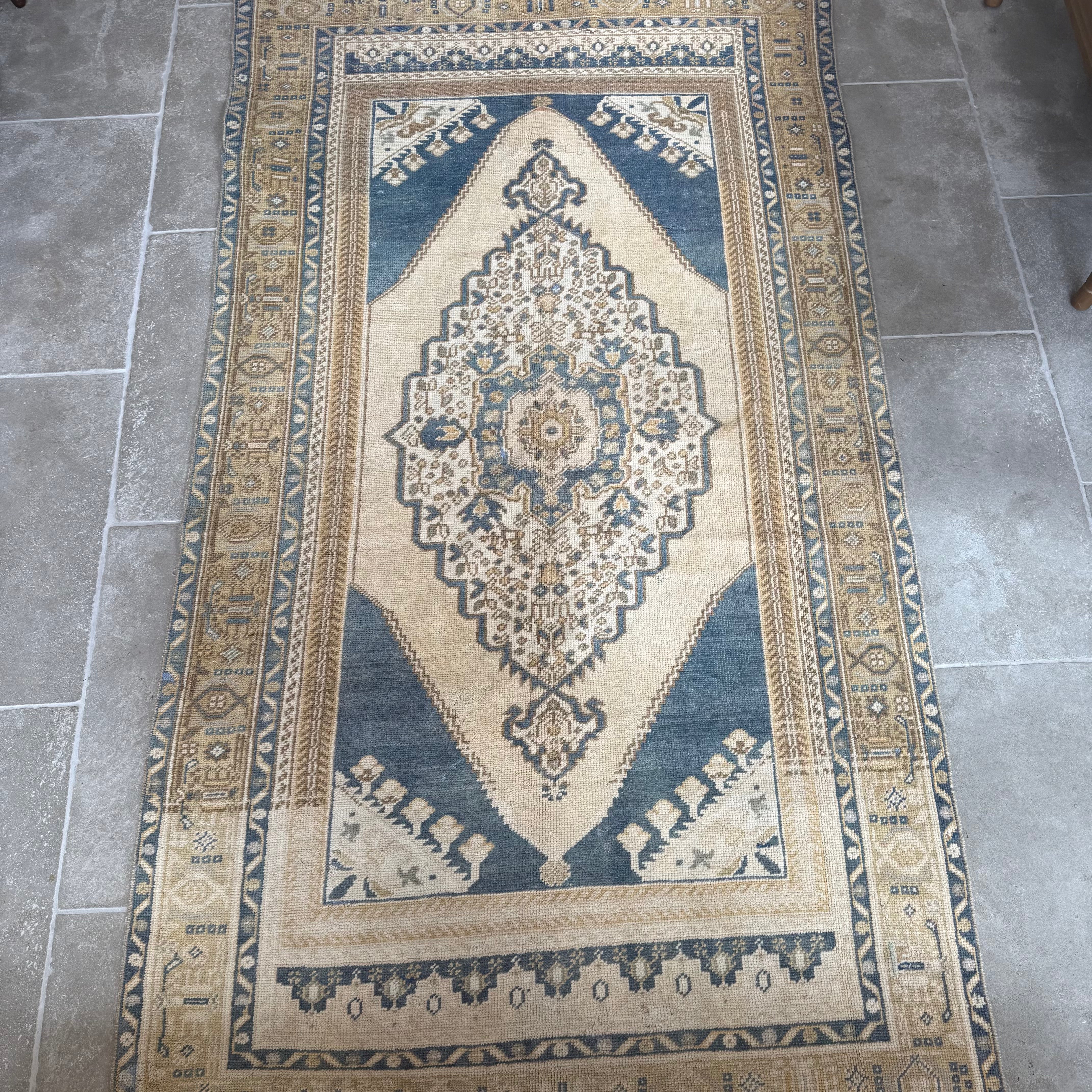 Vintage Beige and Blue Oushak Rug
