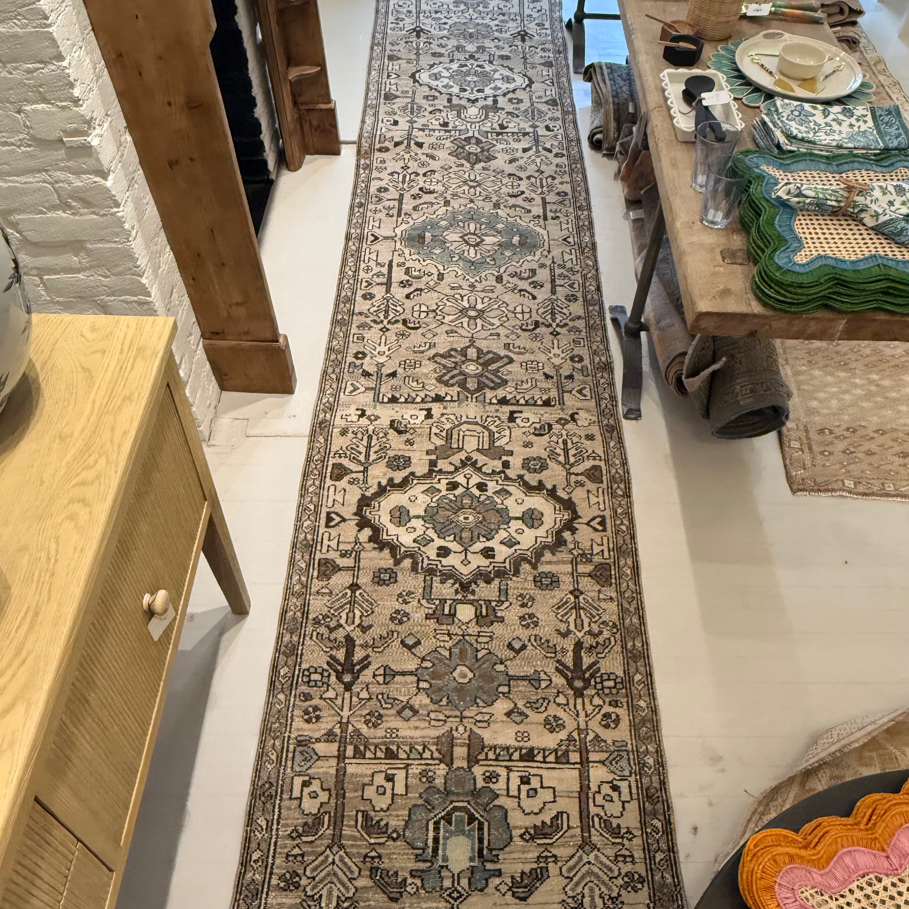 Vintage Beige / Light Brown / Brown / Blue Oushak Runner