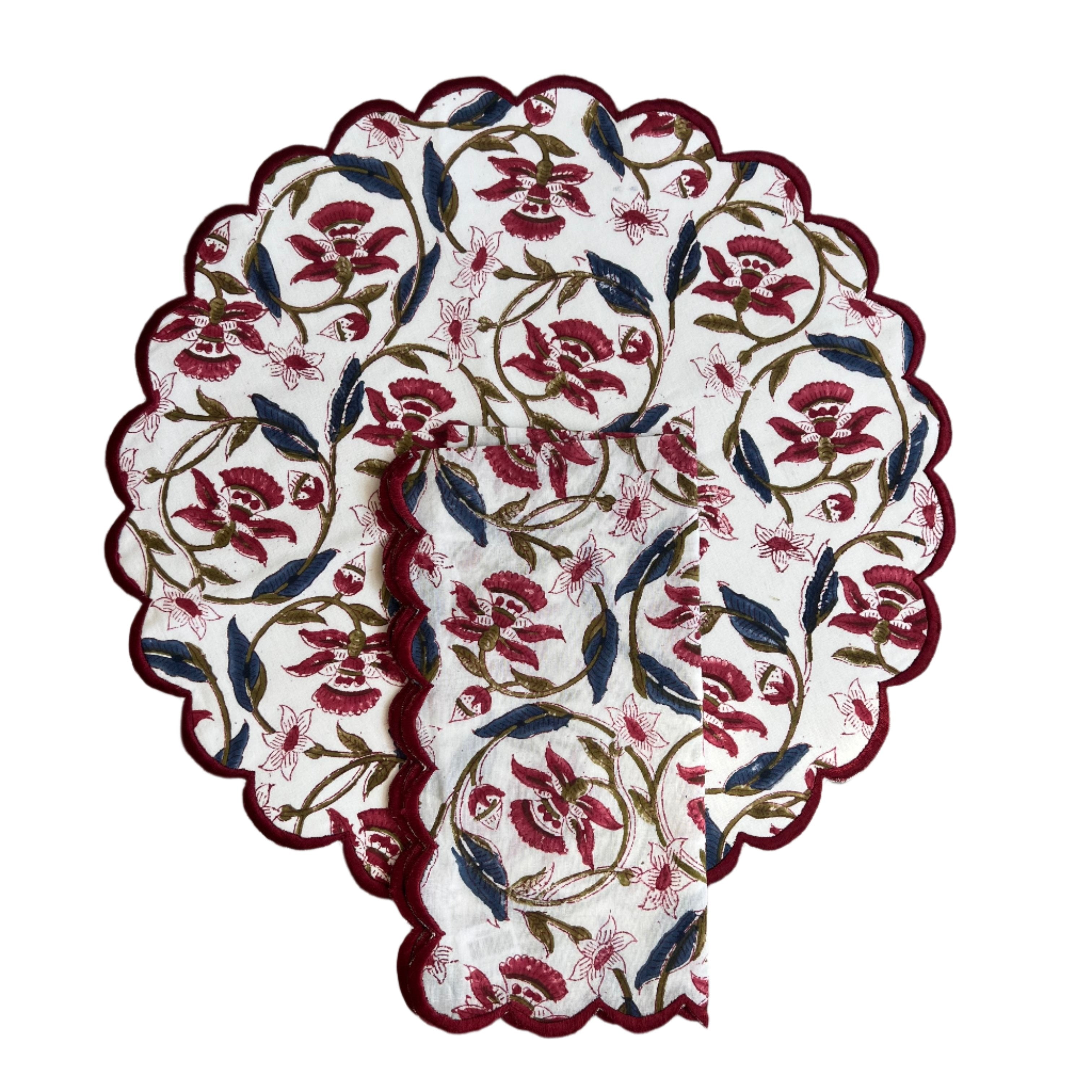 Scalloped Burgundy & Green Vine Floral with Embroidered Edge