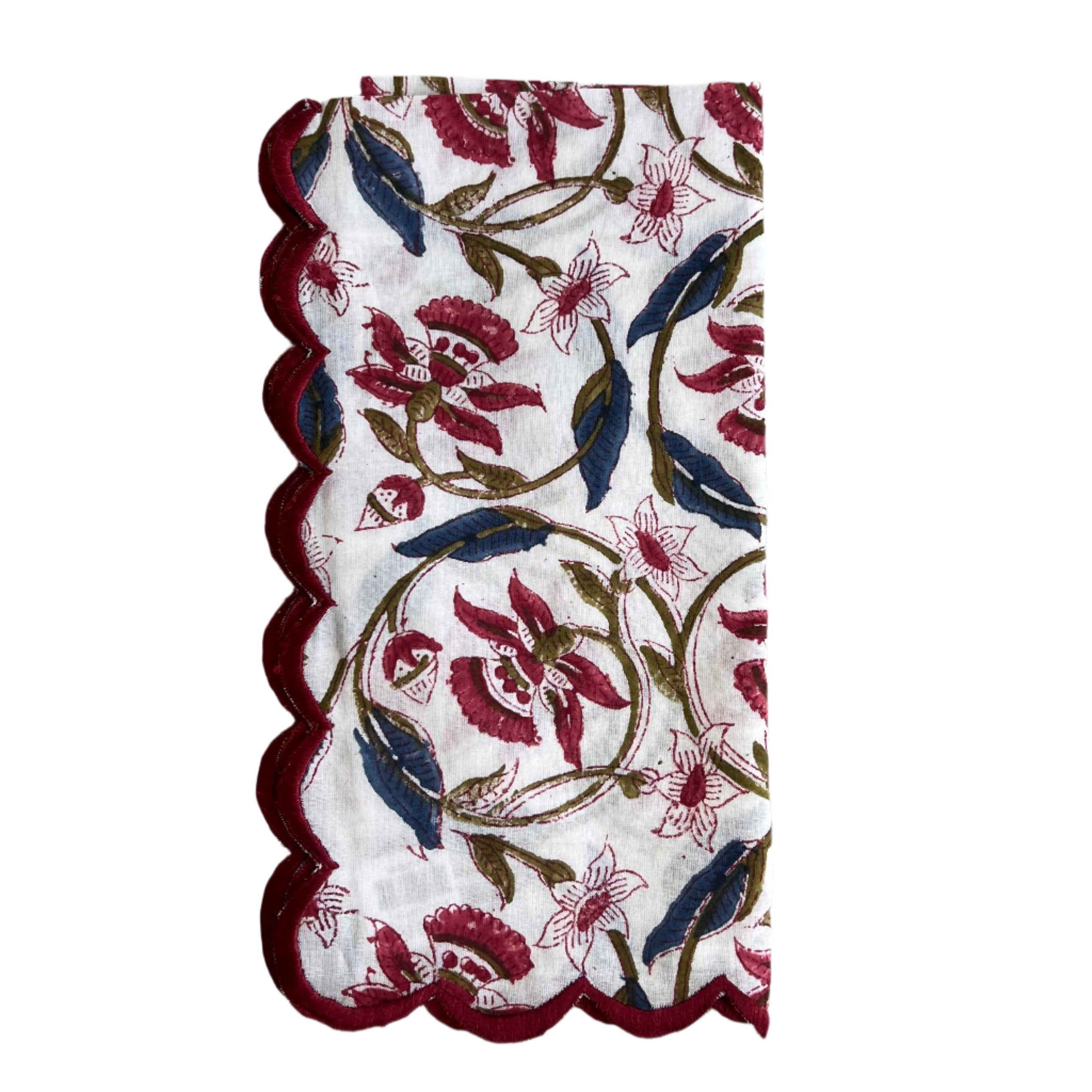Scalloped Burgundy & Green Vine Floral with Embroidered Edge