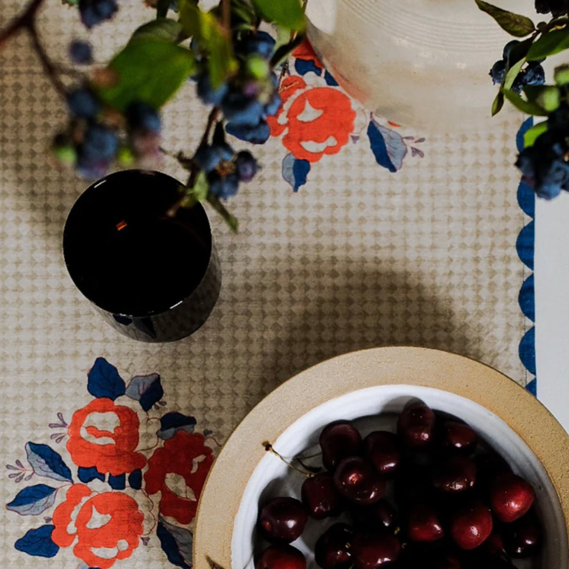 Hand Block Printed Table Runners - Orange and Blue Floral