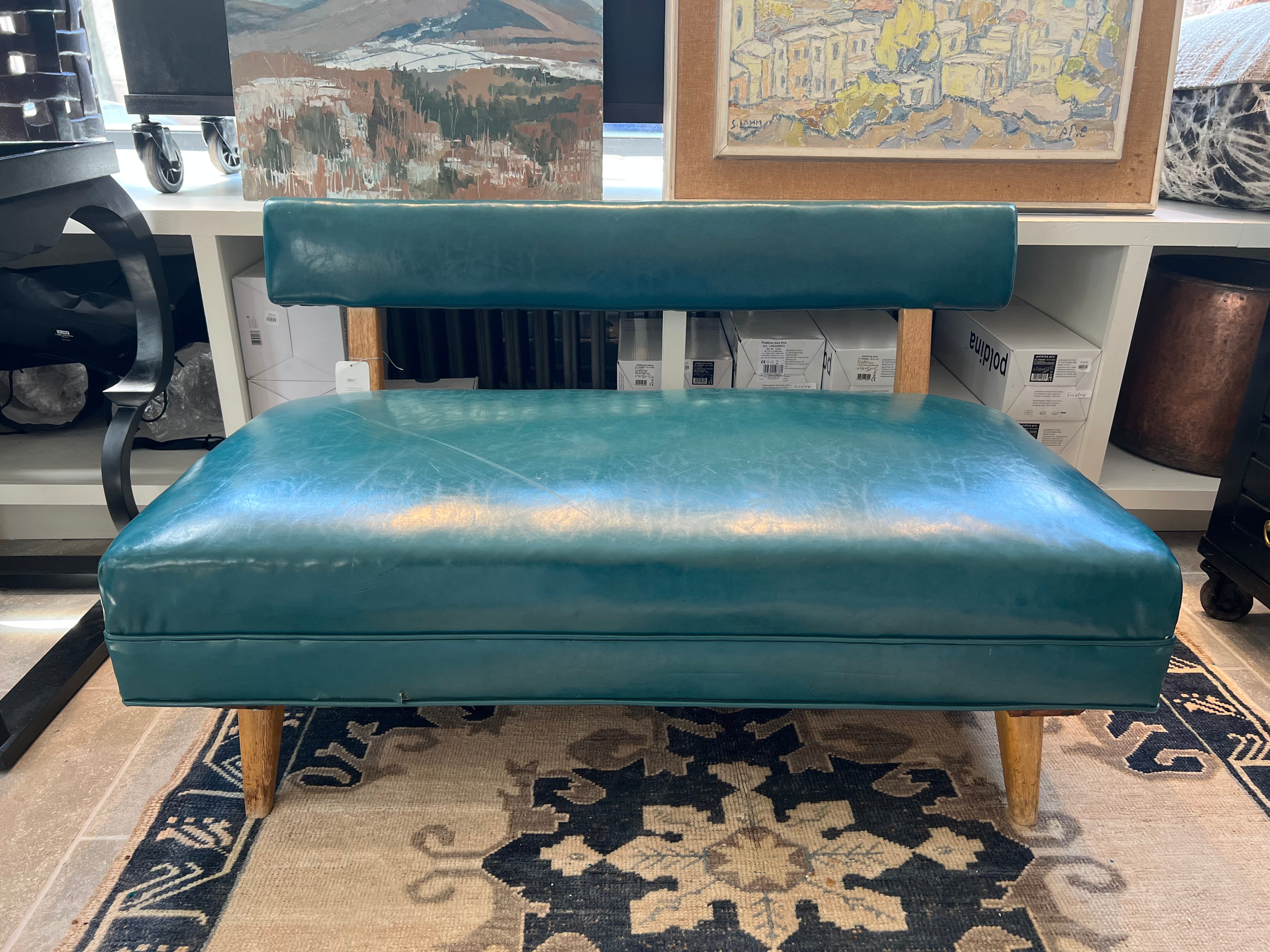 Mid Century Blue Leather Bench
