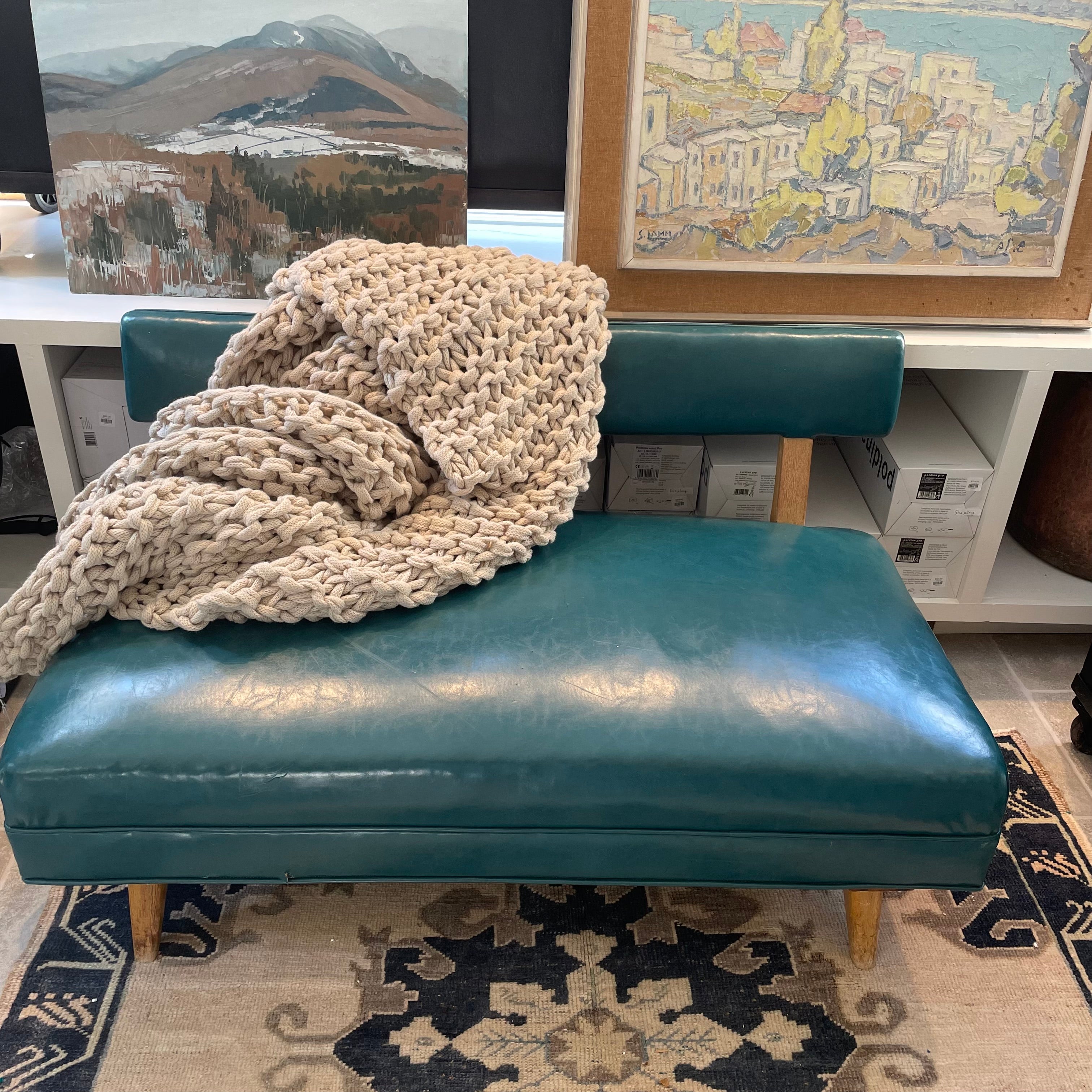 Mid Century Blue Leather Bench