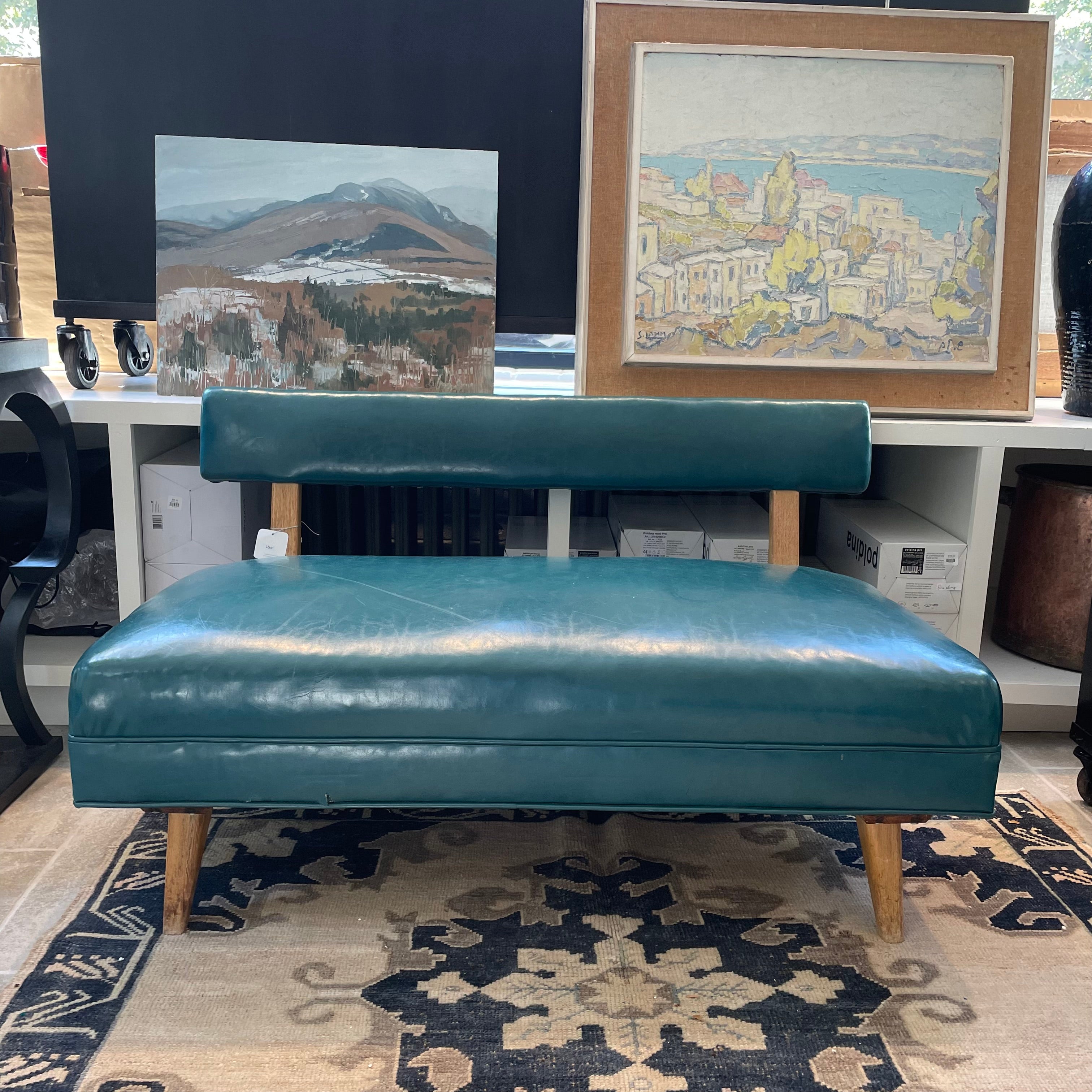 Mid Century Blue Leather Bench