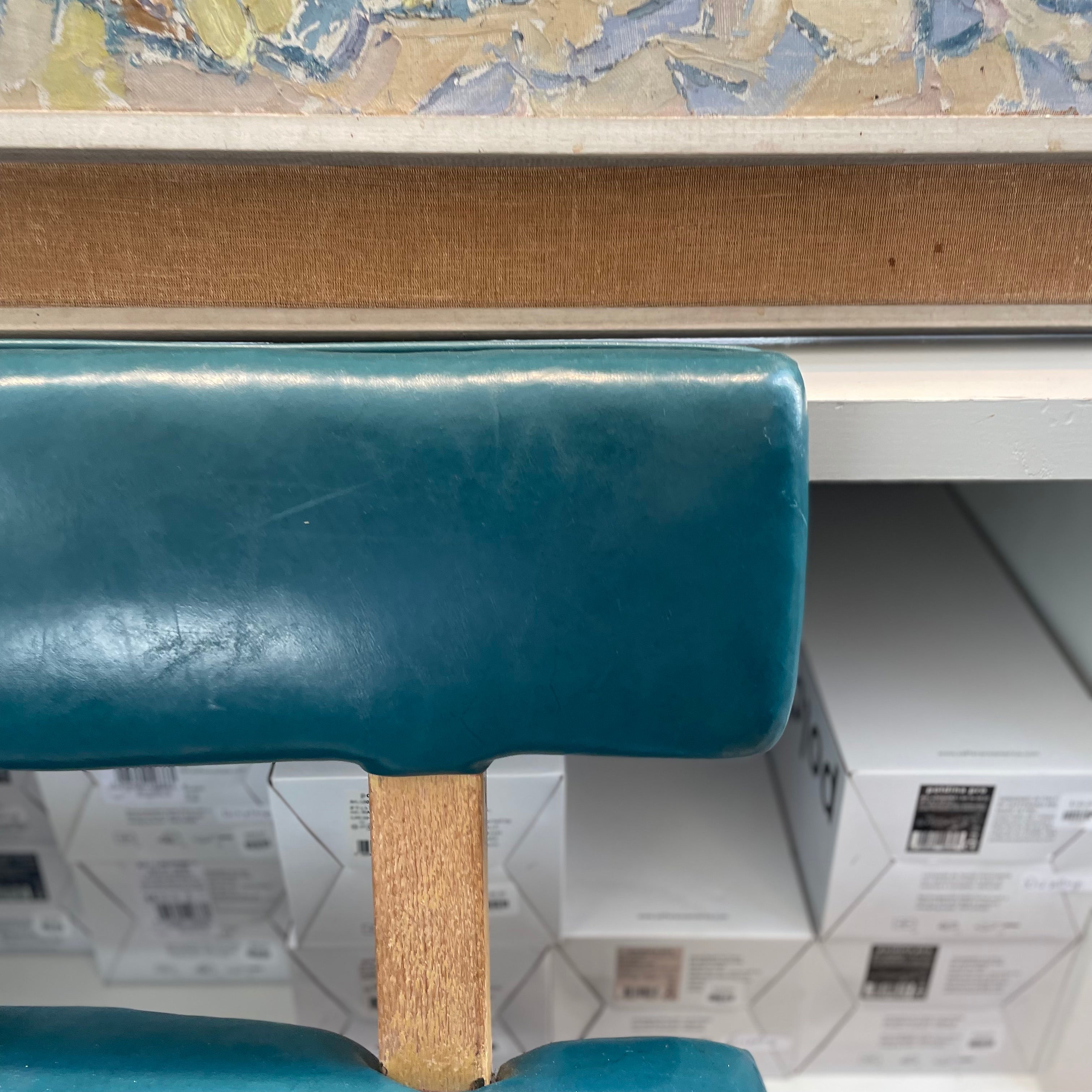 Mid Century Blue Leather Bench