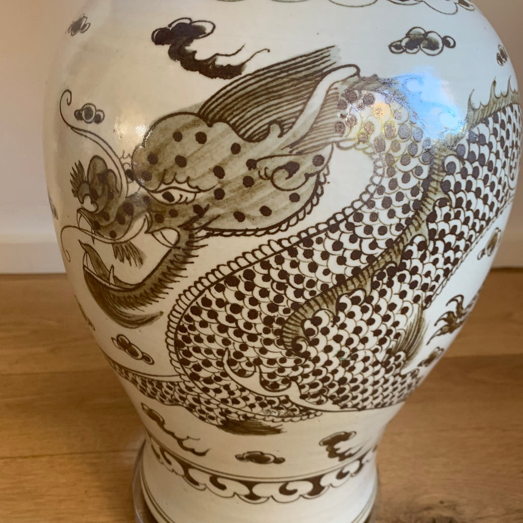 Brown & White Dragon Jar Lamp