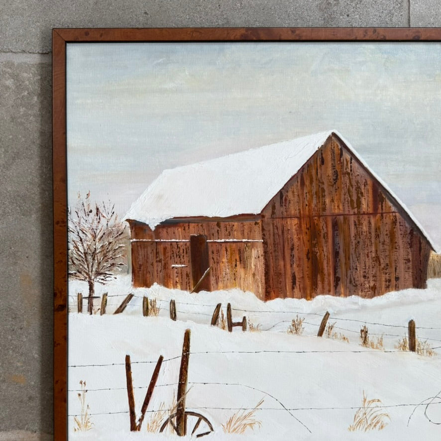 Vintage Winter Barn Landscape Oil Painting