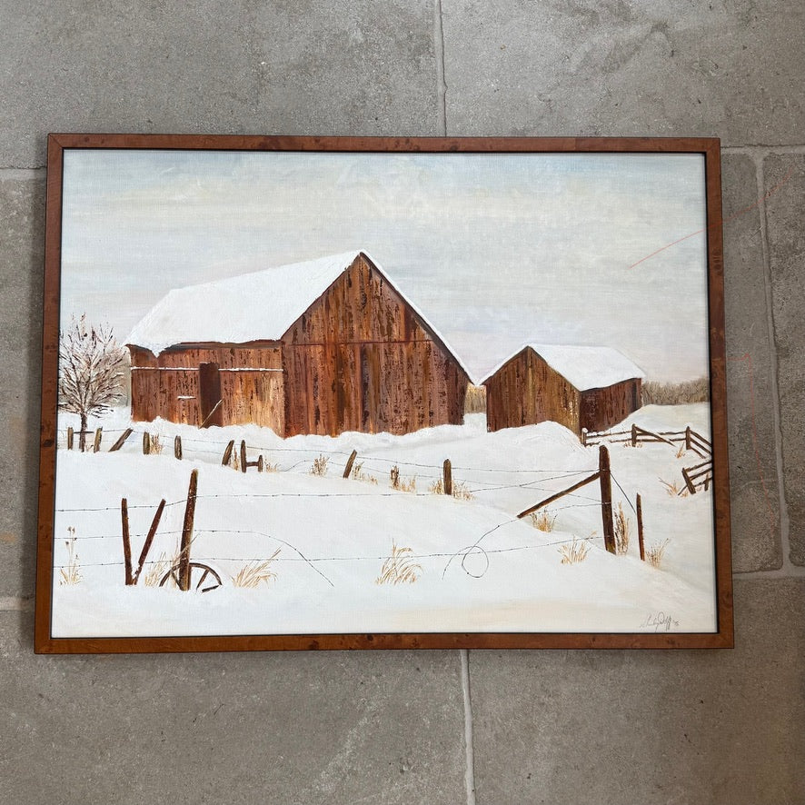 Vintage Winter Barn Landscape Oil Painting