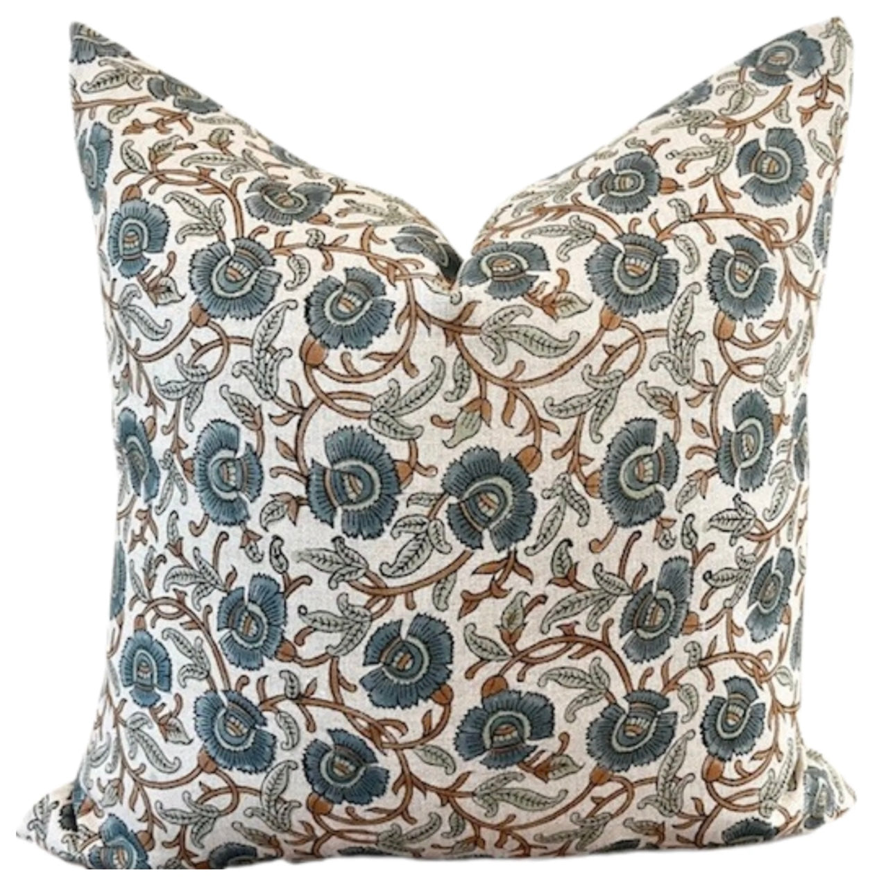 Gilford Blue Floral Block Linen Pillow 20" x 20"