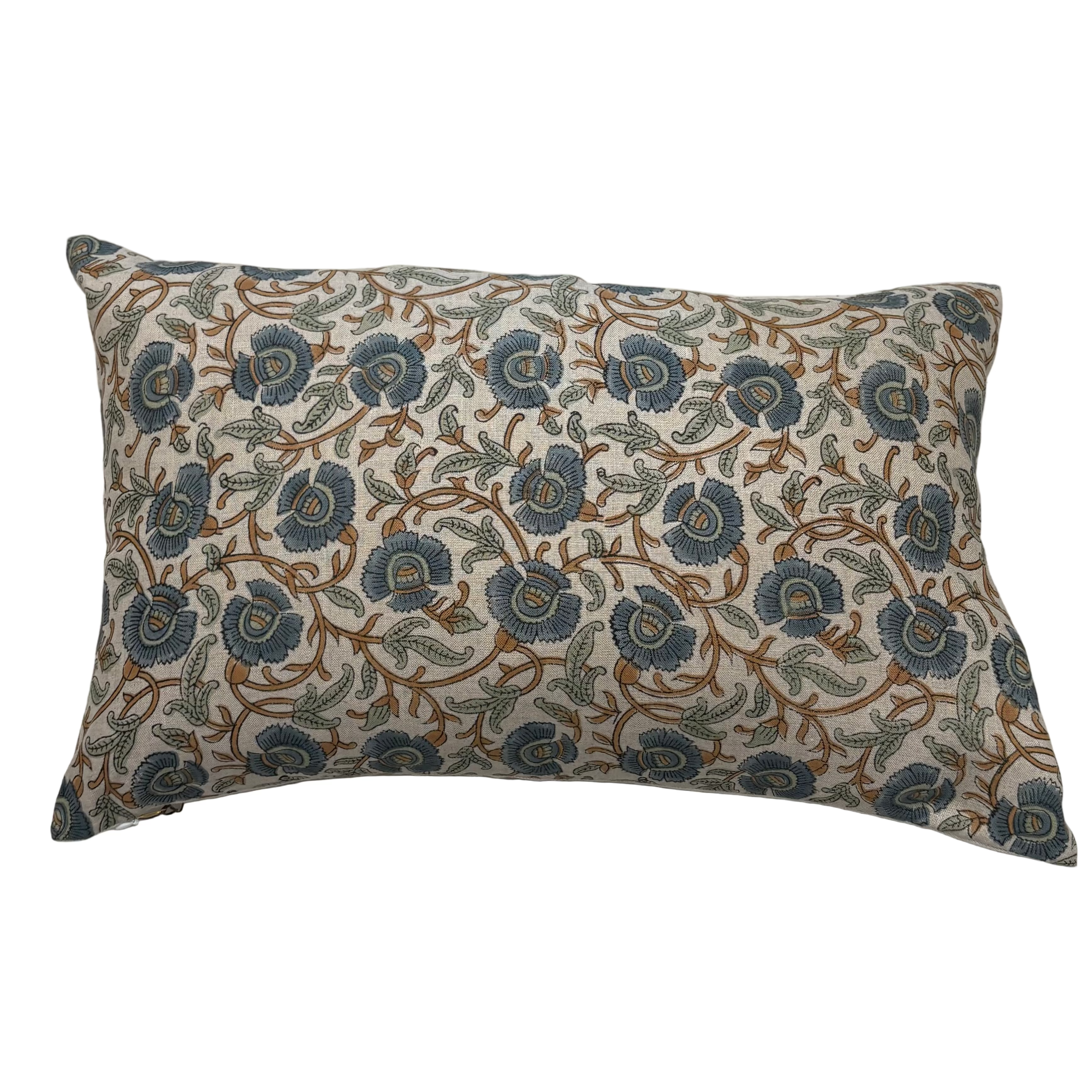 Gilford Blue Floral Block Linen Pillow 14" x 22"