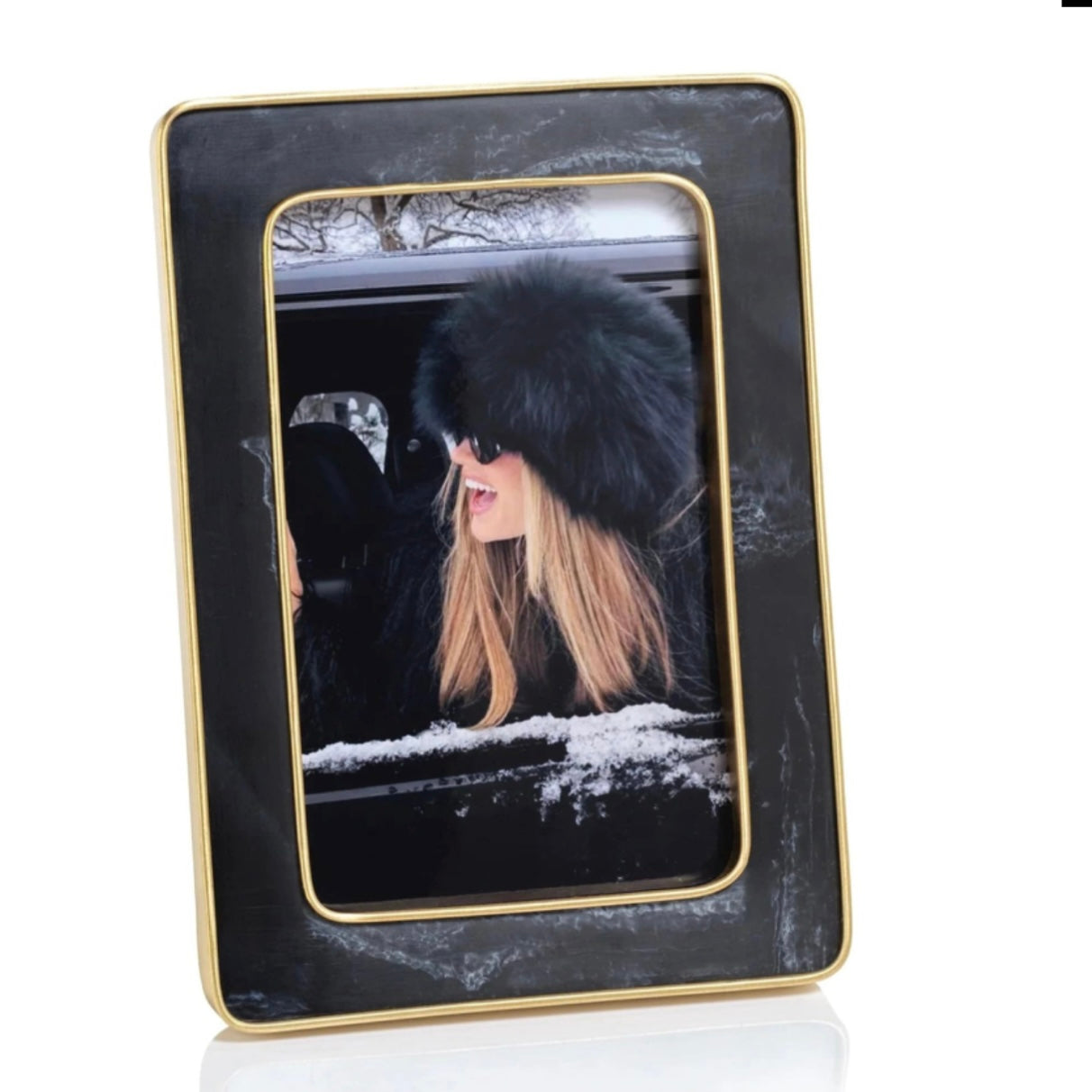 Marbled Black Resin Frame With Antique Brass Trim