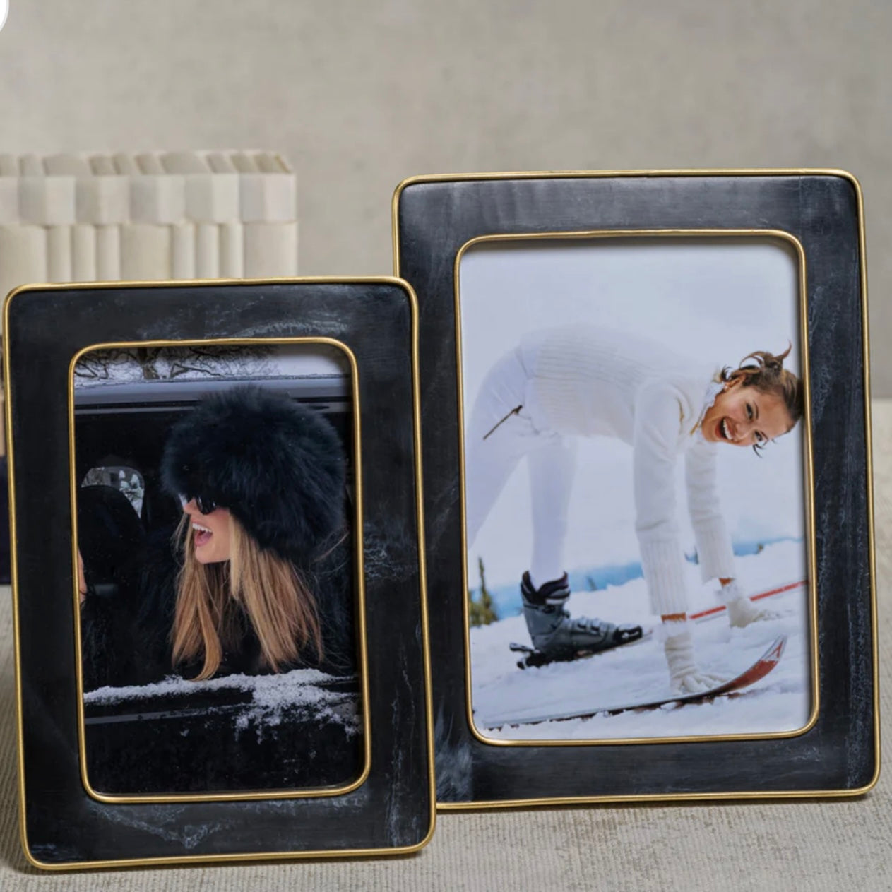 Marbled Black Resin Frame With Antique Brass Trim