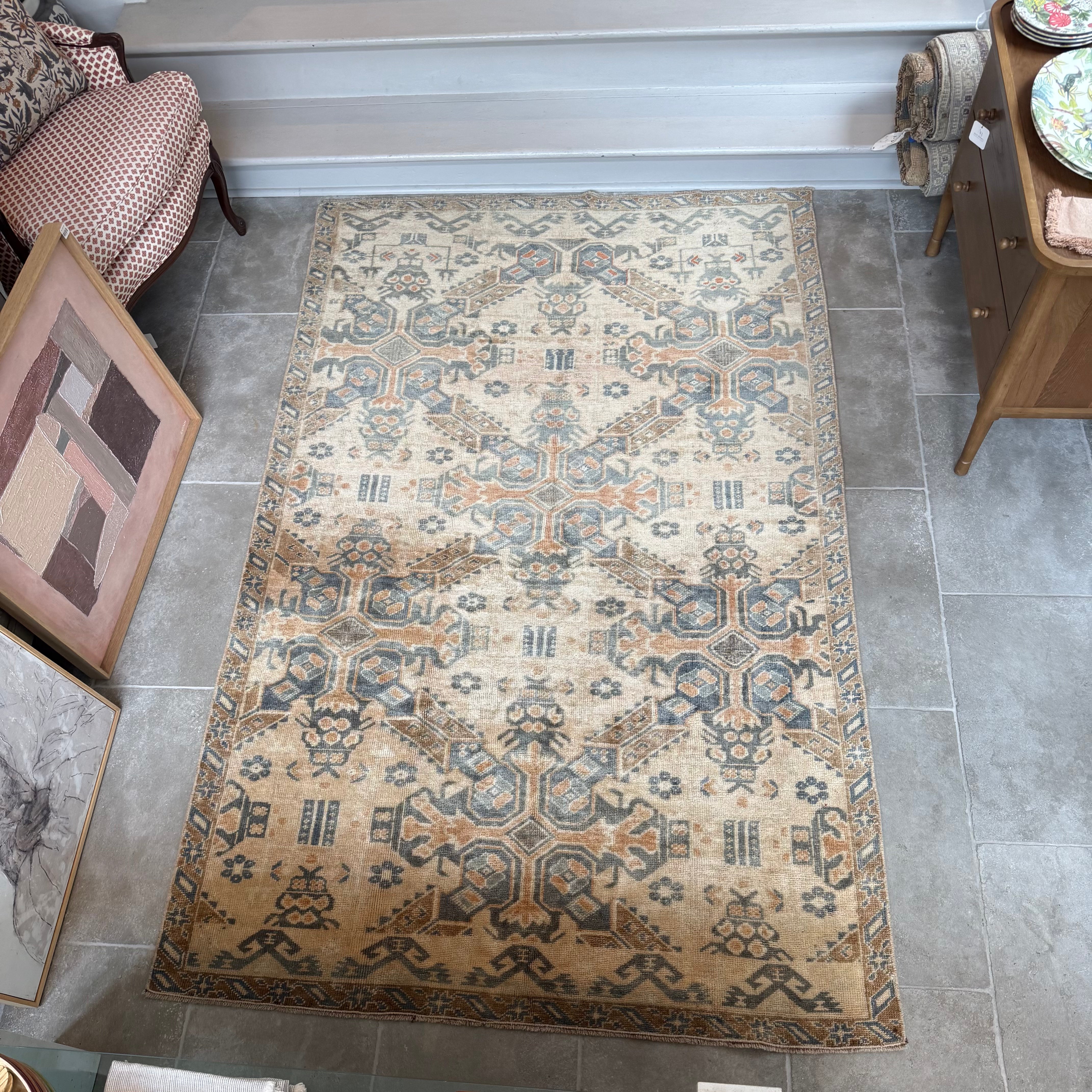 Vintage  Beige / Blue / Coral Oushak Rug