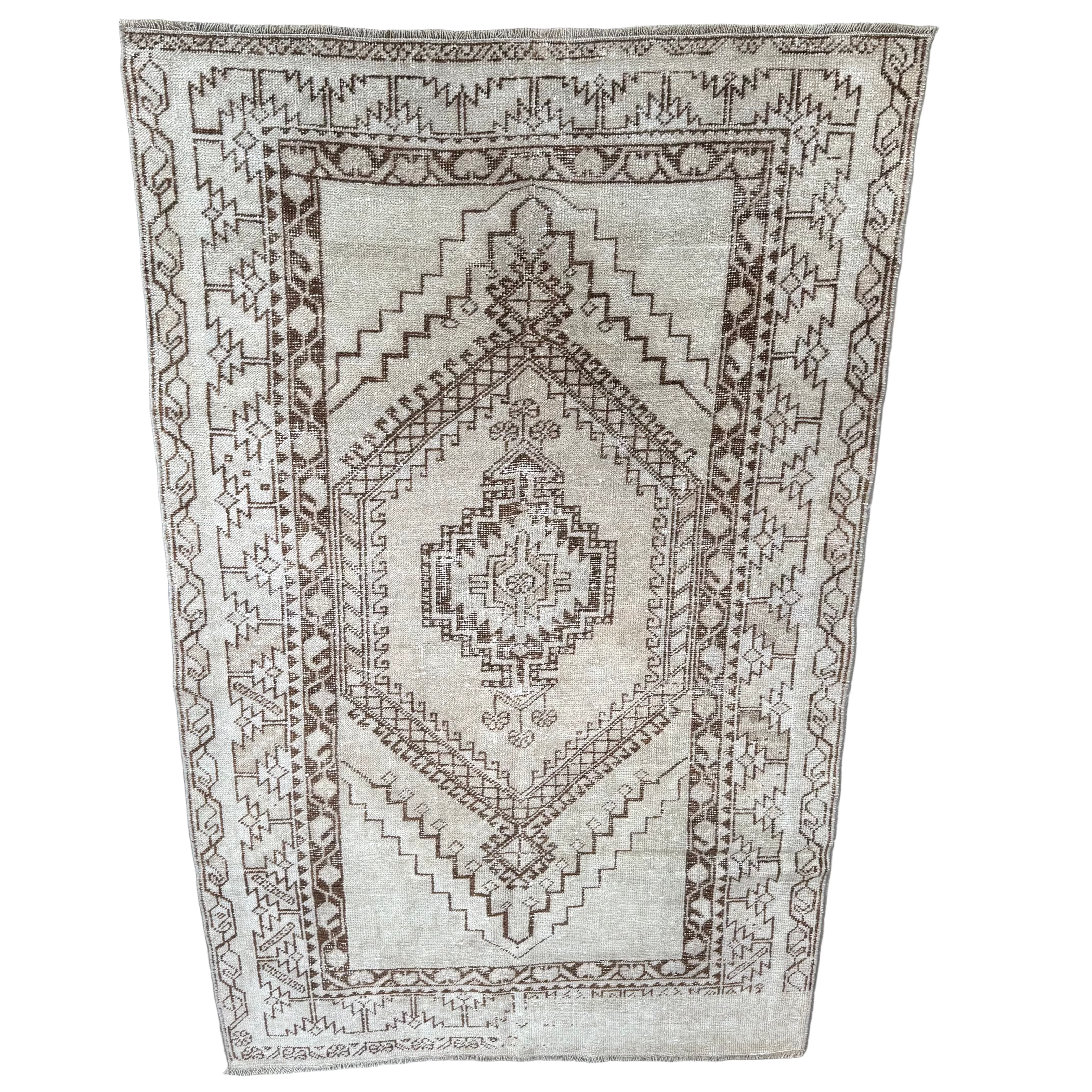 Vintage  Beige and Brown Oushak Rug